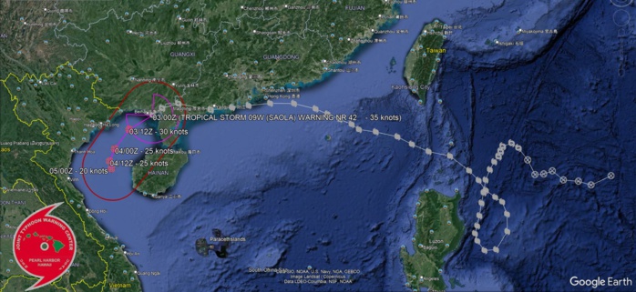 FORECAST REASONING.  SIGNIFICANT FORECAST CHANGES: THERE ARE NO SIGNIFICANT CHANGES TO THE FORECAST FROM THE PREVIOUS WARNING.  FORECAST DISCUSSION: TS 09W (SAOLA) RECENTLY ENTERED THE GULF OF TONKIN AND IS FORECAST TO CONTINUE ITS GRADUAL SOUTHWESTERN TRACK UNDER THE STEERING INFLUENCE OF THE LOW TO MID-LEVEL RIDGE OVER CENTRAL CHINA. THOUGH THE OHC AND SST VALUES IN THE GULF OF TONKIN ARE FAMOUSLY HIGH, DECREASING OUTFLOW ALOFT AND COPIOUS AMOUNTS OF DRY AIR ENTRAINMENT WILL STIFLE ANY POTENTIAL INTENSIFICATION. AS THE SYSTEM MOVES THROUGH THE GULF, IT WILL GRADUALLY WEAKEN, EVENTUALLY REACHING 25KTS BY TAU 24. AFTER TAU 24, TRACK SPEED WILL SLOW TO A CRAWL AND THE SYSTEM WILL BEING TO CURVE BACK TOWARD HAINAN BEFORE EVENTUALLY DISSIPATING NEAR TAU 48.