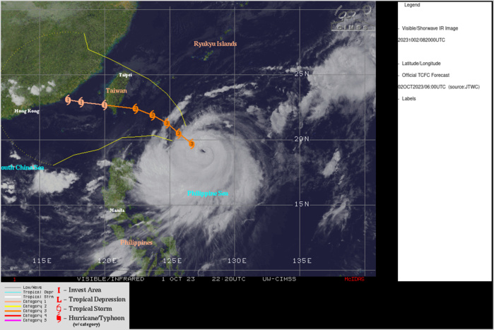 SATELLITE ANALYSIS, INITIAL POSITION AND INTENSITY DISCUSSION: ANIMATED MULTISPECTRAL SATELLITE IMAGERY (MSI) DEPICTS A SLIGHTLY ASYMMETRIC TYPHOON STRENGTH CIRCULATION WITH A RAGED 5-10NM EYE. EQUATORWARD OUTFLOW IS DRIVING INCREASED CONVECTION TO THE SOUTH OF THE LLCC WHILE INCREASING MID-LEVEL VWS AND DRY AIR ENTRAINMENT ARE PUTTING PRESSURE ON THE NORTHERN QUADRANT, RESULTING IN THIS ASYMMETRIC APPEARANCE. THE SSMIS IMAGERY ALSO INDICATES AN EYE WALL HAS FORMED AND THE BEGINNINGS OF A MOAT BEYOND THAT. THOUGH CIMSS M-PERC VALUES HAVE CLIMBING TO ROUGHLY 30 PERCENT, IT IS UNLIKELY THE SYSTEM WILL REMAIN IN THE REQUISITE INTENSITY BAND TO PROGRESS THOUGH AN ERC. THE INITIAL POSITION IS PLACED WITH HIGH CONFIDENCE BASED ON MSI AND SSMIS IMAGERY. THE INITIAL INTENSITY OF 105 KTS IS ASSESSED WITH MEDIUM CONFIDENCE BASED ON THE MAJORITY OF INTENSITY ESTIMATES INCLUDING AGENCY DVORAK AND CIMSS AUTOMATED ESTIMATES INDICATING 105KTS WITH MINIMAL DEVIATION. SATELLITE ANALYSIS, INITIAL POSITION AND INTENSITY DISCUSSION: ANIMATED MULTISPECTRAL SATELLITE IMAGERY (MSI) DEPICTS A SLIGHTLY ASYMMETRIC TYPHOON STRENGTH CIRCULATION WITH A RAGED 5-10NM EYE. EQUATORWARD OUTFLOW IS DRIVING INCREASED CONVECTION TO THE SOUTH OF THE LLCC WHILE INCREASING MID-LEVEL VWS AND DRY AIR ENTRAINMENT ARE PUTTING PRESSURE ON THE NORTHERN QUADRANT, RESULTING IN THIS ASYMMETRIC APPEARANCE. THE SSMIS IMAGERY ALSO INDICATES AN EYE WALL HAS FORMED AND THE BEGINNINGS OF A MOAT BEYOND THAT. THOUGH CIMSS M-PERC VALUES HAVE CLIMBING TO ROUGHLY 30 PERCENT, IT IS UNLIKELY THE SYSTEM WILL REMAIN IN THE REQUISITE INTENSITY BAND TO PROGRESS THOUGH AN ERC. THE INITIAL POSITION IS PLACED WITH HIGH CONFIDENCE BASED ON MSI AND SSMIS IMAGERY. THE INITIAL INTENSITY OF 105 KTS IS ASSESSED WITH MEDIUM CONFIDENCE BASED ON THE MAJORITY OF INTENSITY ESTIMATES INCLUDING AGENCY DVORAK AND CIMSS AUTOMATED ESTIMATES INDICATING 105KTS WITH MINIMAL DEVIATION.