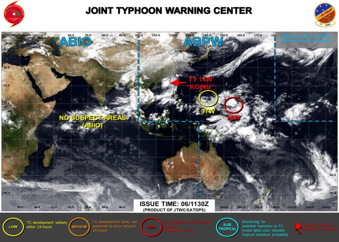 JTWC IS ISSUING 6HOURLY WARNINGS AND 3HOURLY SATELLITE BULLETINS ON TY 14W(KOINU). 3HOURLY SATELLITE BULLETINS ARE ISSUED ON INVEST 98W.