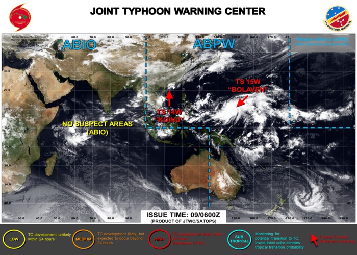 JTWC IS ISSUING 6HOURLY WARNINGS AND 3HOURLY SATELLITE BULLETINS ON TS 14W(KOINU) AND TS 15W(BOLAVEN).