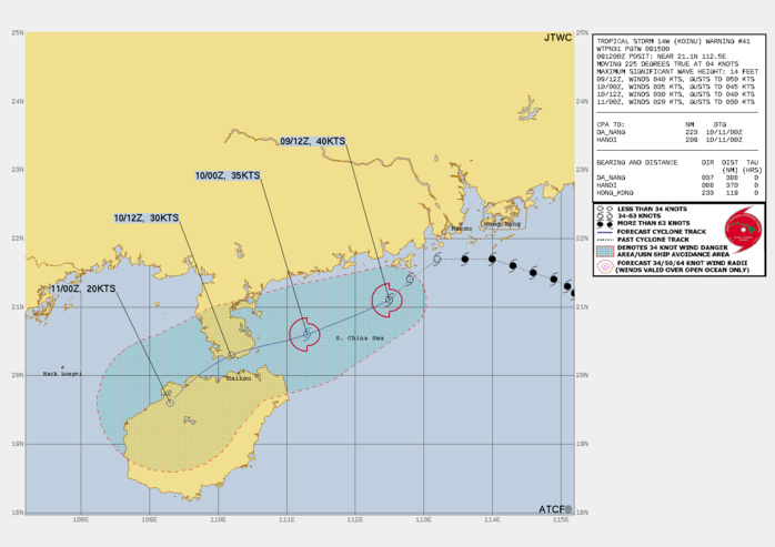 FORECAST REASONING.  SIGNIFICANT FORECAST CHANGES: THERE ARE NO SIGNIFICANT CHANGES TO THE FORECAST FROM THE PREVIOUS WARNING.  FORECAST DISCUSSION: TS KOINU WILL DRIFT SOUTHWESTWARD UNDER THE STEERING INFLUENCE OF THE STR TO THE WEST. THE UNFAVORABLE ENVIRONMENT, EXACERBATED BY LANDFALL INTO LEIZHOU PENINSULA THEN FINALLY INTO HAINAN WILL RAPIDLY ERODE THE SYSTEM TO DISSIPATION BY TAU 36.