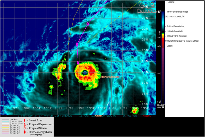 SATELLITE ANALYSIS, INITIAL POSITION AND INTENSITY DISCUSSION: ANIMATED ENHANCED INFRARED (EIR) SATELLITE IMAGERY DEPICTS SUPER TYPHOON (STY) 15W (BOLAVEN) EXPOSING A 14NM WIDE STADIUM EYE, SURROUNDED BY A SMOOTH, VERY SYMMETRIC CONVECTIVE CANOPY SPANNING OUTWARD 80NM FROM THE LOW-LEVEL CIRCULATION CENTER (LLCC). LARGE SPIRAL BANDS OF DEEP CONVECTION INTERMITTENTLY FLARE WITH OVERSHOOTING CLOUD TOPS, OBSERVABLE IN ALL BUT THE SOUTHEAST QUADRANT. EYE TEMPERATURE IS HOVERING AROUND +20C, WHILE CLOUD TOP TEMPERATURES HAVE BOTTOMED AROUND -81C. CLOUD TO GROUND LIGHTNING DATA REVEALS LIGHTNING HAS PERSISTED CONTINUOUSLY IN AND AROUND THE SYSTEMS EYE SINCE THE PREVIOUS WARNING (018). ALL SAID, THIS COMPACT AND VERY WELL-ORGANIZED SUPER TYPHOON HAS MANAGED TO CONSOLIDATE AND INTENSIFY EVEN FURTHER OVER THE PAST SIX HOURS. THE INITIAL POSITION IS ASSESSED WITH HIGH CONFIDENCE BASED A 111200Z HIMAWARI-9 EIR IMAGE. THE INITIAL INTENSITY IS ASSESSED WITH MEDIUM CONFIDENCE BASED ON SUBJECTIVE AND OBJECTIVE INTENSITY ESTIMATES LISTED BELOW AND EXTRAPOLATION OF A 110840Z RCM-1 SAR IMAGE SHOWING A  MAXIMUM WIND VELOCITY OF 147KTS. WIND RADII WERE ADJUSTED TO PARALLEL  THE AFOREMENTIONED SAR DATA.