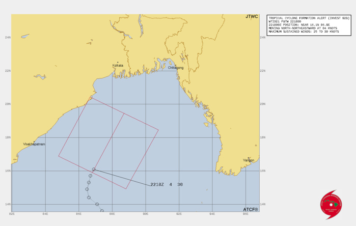 WTIO21 PGTW 221800 MSGID/GENADMIN/JOINT TYPHOON WRNCEN PEARL HARBOR HI// SUBJ/TROPICAL CYCLONE FORMATION ALERT (INVEST 92B)// RMKS/ 1. FORMATION OF A SIGNIFICANT TROPICAL CYCLONE IS POSSIBLE WITHIN 130 NM EITHER SIDE OF A LINE FROM 15.9N 86.8E TO 19.5N 88.7E WITHIN  THE NEXT 12 TO 24 HOURS. AVAILABLE DATA DOES NOT JUSTIFY ISSUANCE OF  NUMBERED TROPICAL CYCLONE WARNINGS AT THIS TIME. WINDS IN THE AREA ARE  ESTIMATED TO BE 25 TO 30 KNOTS. METSAT IMAGERY AT 221730Z INDICATES  THAT A CIRCULATION CENTER IS LOCATED NEAR 16.1N 86.9E. THE SYSTEM IS  MOVING NORTH-NORTHEASTWARD AT 04 KNOTS. 2. REMARKS: THE AREA OF CONVECTION (INVEST 92B) PREVIOUSLY LOCATED  NEAR 14.1N 87.3E IS NOW LOCATED NEAR 16.1N 86.9E, APPROXIMATELY 393 NM  SOUTH OF KOLKATA, INDIA. ANIMATED ENHANCED INFRARED (EIR) SATELLITE  IMAGERY DEPICTS PERSISTENT DEEP CONVECTION OVER THE NORTHERN  SEMICIRCLE WRAPPING INTO THE WESTERN QUADRANT OF A PARTIALLY EXPOSED  LOW-LEVEL CIRCULATION (LLC). A 221506Z MHS 89 GHZ MICROWAVE IMAGE  REVEALS A CURVED DEEP CONVECTIVE BAND OVER THE NORTHERN AND WESTERN  QUADRANTS WITH WEAKER, SHALLOW BANDING ELSEWHERE. A 221510Z ASCAT-B  IMAGE SHOWS A DEFINED CIRCULATION WITH 25 TO 30 KNOT WINDS OVER THE  NORTHERN SEMICIRCLE AND WEAKER 15 TO 25 KNOT WINDS OVER THE SOUTHERN  SEMICIRCLE. ENVIRONMENTAL CONDITIONS ARE FAVORABLE WITH LOW (10 TO 15  KNOTS) VERTICAL WIND SHEAR, GOOD POLEWARD OUTFLOW, AND WARM SEA  SURFACE TEMPERATURES (29-30 C). GLOBAL MODELS INDICATE A NORTH- NORTHEASTWARD TRACK TOWARD BANGLADESH WITH GRADUAL DEVELOPMENT OVER  THE NEXT TWO DAYS. MAXIMUM SUSTAINED SURFACE WINDS ARE ESTIMATED AT 25  TO 30 KNOTS. MINIMUM SEA LEVEL PRESSURE IS ESTIMATED TO BE NEAR 1005  MB. THE POTENTIAL FOR THE DEVELOPMENT OF A SIGNIFICANT TROPICAL  CYCLONE WITHIN THE NEXT 24 HOURS IS HIGH.