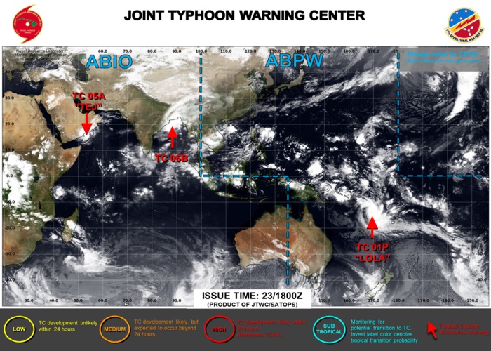 JTWC IS ISSUING 6HOURLY WARNINGS AND 3HOURLY SATELLITE BULLETINS ON 05A , 06B AND 01P. JTWC IS ISSUING 6HOURLY WARNINGS AND 3HOURLY SATELLITE BULLETINS ON 05A , 06B AND 01P.