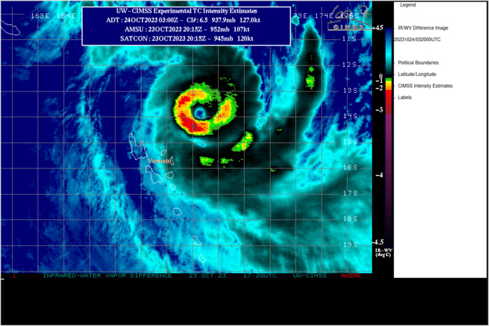 SATELLITE ANALYSIS, INITIAL POSITION AND INTENSITY DISCUSSION: ANIMATED MULTISPECTRAL SATELLITE IMAGERY (MSI) SHOWS THAT CYCLONE 01P (LOLA) HAS GENERALLY MAINTAINED INTENSITY OVER THE PAST SIX HOURS, AND SATELLITE-BASED INTENSITY ESTIMATES EVEN ROSE SLIGHTLY TO AN AVERAGE OF AROUND 120 KT, WHICH IS THE ASSESSED INITIAL INTENSITY. DURING THE MOST RECENT COUPLE OF HOURS, THERE ARE SIGNS THAT COOLER WATERS MAY BE STARTING TO AFFECT THE STORM, WITH THE EYE BECOMING A BIT RAGGED AND THE COLD RING WARMING SLIGHTLY. MID-LEVEL VERTICAL SHEAR IS ASSESSED AT OVER 30 KT BY MODEL ANALYSES DUE TO A SHIFT IN ENVIRONMENTAL FLOW FROM LOW-LEVEL NORTHEASTERLIES TO MID- LEVEL SOUTHWESTERLIES WITH HEIGHT, BUT THIS DOESN'T APPEAR TO BE SIGNIFICANTLY DISRUPTING THE INNER CORE JUST YET. SATELLITE ANALYSIS, INITIAL POSITION AND INTENSITY DISCUSSION: ANIMATED MULTISPECTRAL SATELLITE IMAGERY (MSI) SHOWS THAT CYCLONE 01P (LOLA) HAS GENERALLY MAINTAINED INTENSITY OVER THE PAST SIX HOURS, AND SATELLITE-BASED INTENSITY ESTIMATES EVEN ROSE SLIGHTLY TO AN AVERAGE OF AROUND 120 KT, WHICH IS THE ASSESSED INITIAL INTENSITY. DURING THE MOST RECENT COUPLE OF HOURS, THERE ARE SIGNS THAT COOLER WATERS MAY BE STARTING TO AFFECT THE STORM, WITH THE EYE BECOMING A BIT RAGGED AND THE COLD RING WARMING SLIGHTLY. MID-LEVEL VERTICAL SHEAR IS ASSESSED AT OVER 30 KT BY MODEL ANALYSES DUE TO A SHIFT IN ENVIRONMENTAL FLOW FROM LOW-LEVEL NORTHEASTERLIES TO MID- LEVEL SOUTHWESTERLIES WITH HEIGHT, BUT THIS DOESN'T APPEAR TO BE SIGNIFICANTLY DISRUPTING THE INNER CORE JUST YET.