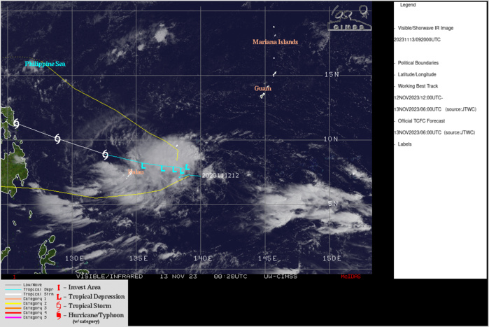 SATELLITE ANALYSIS, INITIAL POSITION AND INTENSITY DISCUSSION: TROPICAL DEPRESSION (TD) 17W (SEVENTEEN) HAS BEEN REPOSITIONED. REANALYSIS OF ANIMATED VISIBLE IMAGERY AND 122345Z AND 130039Z ASCAT PASSES RESULTED IN A REPOSITIONING OF THE 130000Z BEST TRACK POSITION APPROXIMATELY 99NM TO THE NORTHEAST OF THE ORIGINAL POSITION. TD 17W REMAINS DISORGANIZED AND HIGHLY TILTED, WITH MULTIPLE VORTICES LYING ALONG AN ELONGATED, EAST-WEST ORIENTED TROUGH THAT EXTENDS FROM THE INITIAL POSITION FAR TO THE EAST. ANIMATED MULTISPECTRAL SATELLITE IMAGERY (MSI) DEPICTS MULTIPLE POCKETS OF FLARING CONVECTION, WHICH SUBSEQUENTLY DISSIPATE IN SHORT ORDER, LEAVING BEHIND A COMPLEX PATTERN OF OUTFLOW BOUNDARIES, COMPLICATING ASSESSMENT OF THE INITIAL POSITION. EXTRAPOLATION OF THE EARLIER ASCAT DATA ALONG WITH ANALYSIS OF THE LOW-LEVEL CLOUD MOVEMENT SUGGESTS THE LOW LEVEL CIRCULATION CENTER (LLCC) IS SOUTHEAST OF YAP, AND EAST OF NGULU ATOLL AT THE SYNOPTIC HOUR. HOWEVER, THIS ASSESSMENT IS MADE WITH EXTREMELY LOW CONFIDENCE BASED ON THE REASONS NOTED ABOVE. THE INITIAL INTENSITY REMAINS SET AT 25 KNOTS BASED ON THE EARLIER ASCAT DATA WHICH SHOWED WINDS OF JUST 20-25 KNOTS AROUND THE WESTERN HALF OF THE CIRCULATION, BUT ONLY 10 KNOTS OR LESS ELSEWHERE. THE SYSTEM IS DRIFTING WEST IN ALONG A WEAK LOW-LEVEL GRADIENT ON THE SOUTHERN SIDE OF THE SUBTROPICAL RIDGE (STR). ANALYSIS REVEALS A MARGINALLY UNFAVORABLE ENVIRONMENT, WITH PERSISTENT EAST-NORTHEASTERLY SHEAR AND DRY MID-LEVEL AIR BEING THE PRIMARY NEGATIVE FACTORS. UPPER-LEVEL FLOW IS DIVERGENT BUT TRUCKING ALONG AT ABOUT 35 KNOTS BASED ON THE MOST RECENT KOROR AND YAP SOUNDINGS, WHICH IS PROHIBITING THE CONVECTION FROM ORGANIZING AROUND THE LOW-LEVEL VORTEX.