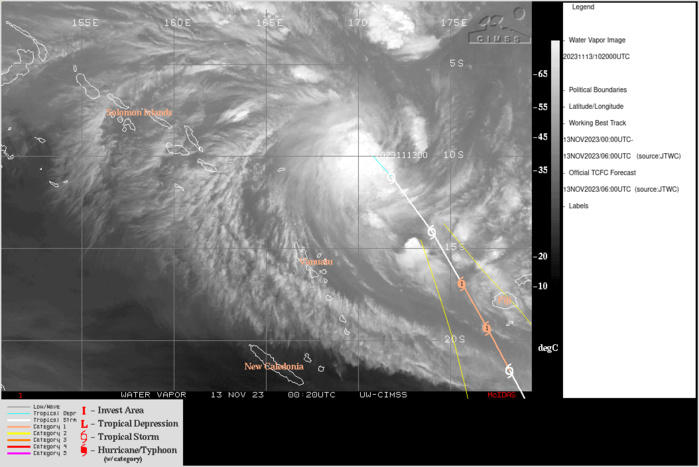 SATELLITE ANALYSIS, INITIAL POSITION AND INTENSITY DISCUSSION: ANIMATED MULTISPECTRAL SATELLITE IMAGERY (MSI) DEPICTS A RAPIDLY CONSOLIDATING TROPICAL CYCLONE, WITH CONVECTIVE HOT TOWERS FIRING OFF AROUND THE ASSESSED LOW LEVEL CIRCULATION CENTER (LLCC), WHICH REMAINS OBSCURED IN THE MSI AND INFRARED IMAGERY. A FORTUITOUS 130553Z SSMIS 89GHZ MICROWAVE IMAGE REVEALED A NASCENT MICROWAVE EYE FEATURE AND WELL-DEFINED CONVECTIVE BANDING FEATURES TO THE NORTHEAST AND SOUTHWEST, WRAPPING INTO THE DEVELOPING CORE. CONFIDENCE IN THE INITIAL POSITION IS ASSESSED AS MEDIUM DUE TO LIKELY VORTEX TILT DUE TO MODERATE MID- TO UPPER-LEVEL SHEAR FROM THE NORTHEAST. THE INITIAL INTENSITY IS ASSESSED WITH MEDIUM CONFIDENCE, PUSHED HIGHER THAN THE BULK OF THE AGENCY DVORAK INTENSITY ESTIMATES IN LIGHT OF THE HIGHER KNES ESTIMATE WHICH LINES UP EXACTLY WITH THE INITIAL POSITION, THE CIMSS ADT, DPRINT AND DMINT ESTIMATES AS WELL AS THE NASCENT MICROWAVE EYE FEATURE. THE SYSTEM HAS BEGUN TO ACCELERATE SOUTHEASTWARD ALONG THE WESTERN SIDE OF A DEEP-LAYER SUBTROPICAL RIDGE (STR) CENTERED TO THE EAST. ENVIRONMENTAL CONDITIONS ARE FAVORABLE FOR CONTINUED DEVELOPMENT, WITH WARM SSTS, HIGH OCEAN HEAT CONTENT (OHC), STRONG POLEWARD OUTFLOW AND LOW DEEP-LAYER VERTICAL WIND SHEAR.