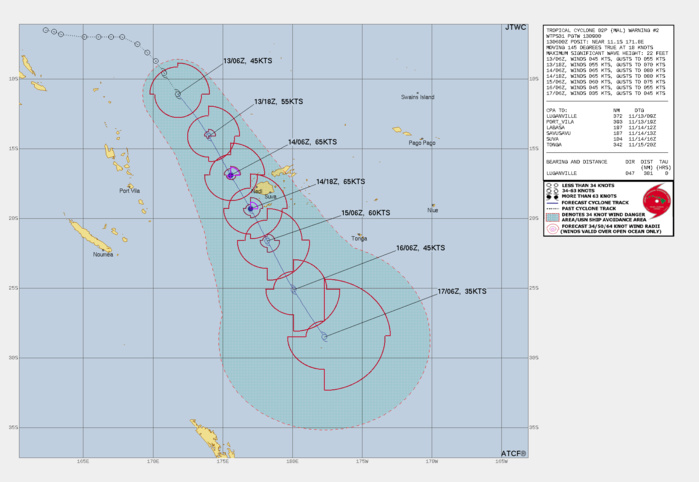 FORECAST REASONING.  SIGNIFICANT FORECAST CHANGES: THERE ARE NO SIGNIFICANT CHANGES TO THE FORECAST FROM THE PREVIOUS WARNING.  FORECAST DISCUSSION: TROPICAL CYCLONE (TC) 02P (MAL) IS RAPIDLY CONSOLIDATING AND INTENSIFYING AS IT BEGINS TO TRACK SOUTHEAST TOWARDS A RENDEZVOUS WITH FIJI. THE SYSTEM IS FORECAST TO TRACK SOUTHEASTWARD ALONG THE WEST-SOUTHWEST SIDE OF THE STEERING RIDGE THROUGH THE ENTIRETY OF THE FORECAST PERIOD, PROVIDING FOR A HIGH CONFIDENCE TRACK FORECAST WHICH WILL SKIRT THE WEST SIDE OF THE MAIN ISLAND OF VITI LEVU BETWEEN TAU 24 AND TAU 36. THE SYSTEM THEN CONTINUES SOUTHEASTWARD INTO THE OPEN WATERS OF THE SOUTH PACIFIC THROUGH THE REMAINDER OF THE FORECAST PERIOD. IN TERMS OF INTENSITY, THE SYSTEM HAS ALREADY INTENSIFIED RATHER QUICKLY, HAVING INCREASED IN INTENSITY FROM 30 KNOTS TO AT LEAST 45 KNOTS IN THE PAST 12 HOURS. CONDITIONS ARE EXPECTED TO REMAIN FAVORABLE FOR THE NEXT 36 HOURS, ALLOWING FOR THE SYSTEM TO CONTINUE TO STRENGTHEN UP TO AT LEAST 65 KNOTS BY TAU 24. SOME MODEL GUIDANCE SUGGESTS THE SYSTEM COULD UNDERGO RAPID INTENSIFICATION (RI) OVER THE NEXT 24 HOURS. THIS IS A LOW-PROBABILITY SCENARIO AT PRESENT, BUT IF THE VORTICAL HOT TOWERS (VHTS) CURRENTLY FIRING NEAR THE CENTER ARE ABLE TO WRAP UPSHEAR AND FURTHER CONSOLIDATE AND ALIGN THE INNER CORE OF THE SYSTEM, THE SYSTEM COULD CERTAINLY UNDERGO RI AND REACH A HIGHER PEAK INTENSITY. REGARDLESS, THE PEAK INTENSITY WILL OCCUR AS THE SYSTEM IS PASSING WEST OF FIJI. AFTER PASSING 20S LATITUDE, AROUND TAU 48, THE SYSTEM MOVES ACROSS THE 26C ISOTHERM INTO MUCH COOLER WATERS, IS ENVELOPED IN EXTREMELY DRY MID-LEVEL AIR, AND EXPERIENCES A DRASTIC INCREASE IN WESTERLY SHEAR WHICH WILL DECAPITATE THE CYCLONE. THIS ALSO MARKS THE ONSET OF A RAPID SUBTROPICAL TRANSITION (STT), WHICH IS FORECAST TO BE COMPLETE NO LATER THAN TAU 96.