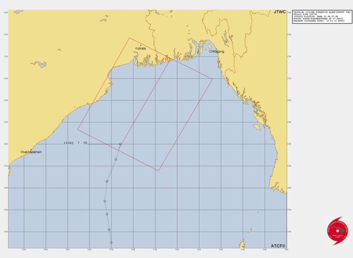THE AREA OF CONVECTION (INVEST 94B) PREVIOUSLY LOCATED NEAR 15.6N 86.7E IS NOW LOCATED NEAR 18.0N 87.4E, APPROXIMATELY 279 NM SOUTH OF KOLKATA, INDIA. ANIMATED MULTISPECTRAL SATELLITE IMAGERY (MSI) DEPICTS A FULLY EXPOSED LOW-LEVEL CIRCULATION CENTER (LLCC) WITH DEEP CONVECTION NOW SHEARED OFF THE NORTHEAST. ENVIRONMENTAL ANALYSIS INDICATES THAT 94B IS IN A MARGINALLY FAVORABLE ENVIRONMENT FOR DEVELOPMENT WITH ROBUST POLEWARD OUTFLOW ALOFT, WARM (28-29 C) SEA SURFACE TEMPERATURES, OFFSET BY HIGH (25-30 KTS) VERTICAL WIND SHEAR. GLOBAL MODELS ARE IN GOOD AGREEMENT THAT 94B WILL TRACK NORTH- NORTHEASTWARD AND CONTINUE TO INTENSIFY SLIGHTLY BEFORE INTERACTING WITH LAND WITHIN THE NEXT 36 HOURS. MAXIMUM SUSTAINED SURFACE WINDS ARE ESTIMATED AT 28 TO 32 KNOTS. MINIMUM SEA LEVEL PRESSURE IS ESTIMATED TO BE NEAR 1002 MB. THE POTENTIAL FOR THE DEVELOPMENT OF A SIGNIFICANT TROPICAL CYCLONE WITHIN THE NEXT 24 HOURS IS UPGRADED TO HIGH. THE AREA OF CONVECTION (INVEST 94B) PREVIOUSLY LOCATED NEAR 15.6N 86.7E IS NOW LOCATED NEAR 18.0N 87.4E, APPROXIMATELY 279 NM SOUTH OF KOLKATA, INDIA. ANIMATED MULTISPECTRAL SATELLITE IMAGERY (MSI) DEPICTS A FULLY EXPOSED LOW-LEVEL CIRCULATION CENTER (LLCC) WITH DEEP CONVECTION NOW SHEARED OFF THE NORTHEAST. ENVIRONMENTAL ANALYSIS INDICATES THAT 94B IS IN A MARGINALLY FAVORABLE ENVIRONMENT FOR DEVELOPMENT WITH ROBUST POLEWARD OUTFLOW ALOFT, WARM (28-29 C) SEA SURFACE TEMPERATURES, OFFSET BY HIGH (25-30 KTS) VERTICAL WIND SHEAR. GLOBAL MODELS ARE IN GOOD AGREEMENT THAT 94B WILL TRACK NORTH- NORTHEASTWARD AND CONTINUE TO INTENSIFY SLIGHTLY BEFORE INTERACTING WITH LAND WITHIN THE NEXT 36 HOURS. MAXIMUM SUSTAINED SURFACE WINDS ARE ESTIMATED AT 28 TO 32 KNOTS. MINIMUM SEA LEVEL PRESSURE IS ESTIMATED TO BE NEAR 1002 MB. THE POTENTIAL FOR THE DEVELOPMENT OF A SIGNIFICANT TROPICAL CYCLONE WITHIN THE NEXT 24 HOURS IS UPGRADED TO HIGH.
