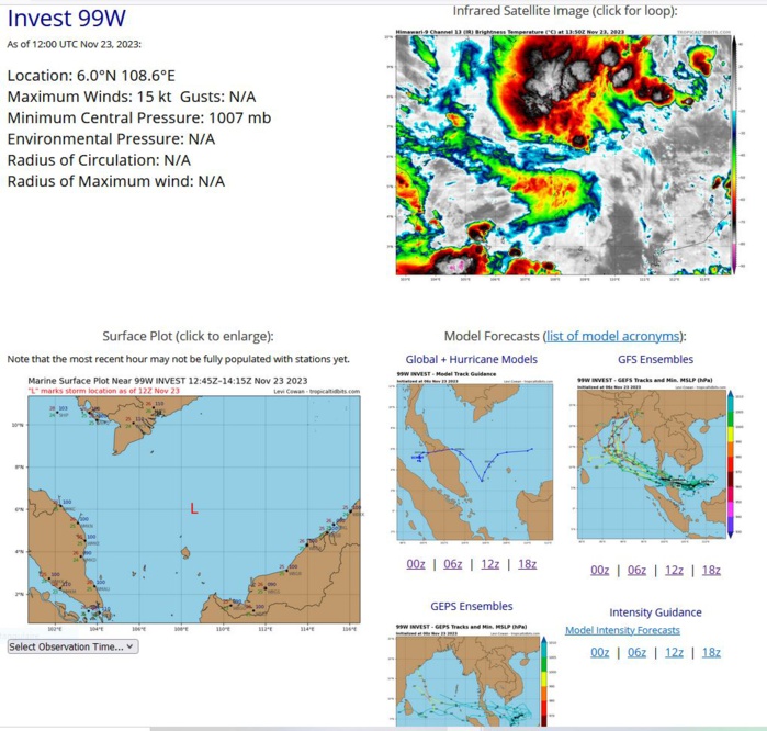 THE AREA OF CONVECTION (INVEST 99W) PREVIOUSLY LOCATED NEAR  6.2N 109.8E IS NOW LOCATED NEAR 6.0N 108.6E, APPROXIMATELY 624 NM EAST OF  PHUKET. ANIMATED ENHANCED INFRARED SATELLITE IMAGERY AND A 231033Z SSMIS  91 GHZ MICROWAVE IMAGE DEPICT A BROAD LOW-LEVEL CIRCULATION (LLC) WITH  FORMATIVE BANDING IN THE NORTHERN AND SOUTHERN PERIPHERIES. THE  CIRCULATION IS LOCATED ADJACENT TO A 20-25 KNOT NORTHEAST SURGE EVENT.  ENVIRONMENTAL ANALYSIS INDICATES THAT 99W IS IN A FAVORABLE ENVIRONMENT  FOR DEVELOPMENT WITH GOOD OUTFLOW ALOFT, LOW TO MODERATE (15-20 KTS)  VERTICAL WIND SHEAR, AND WARM (29-30 C) SEA SURFACE TEMPERATURES. GLOBAL  MODELS ARE IN GOOD AGREEMENT THAT 99W WILL TRACK WESTWARD OVER THE NEXT  48 HOURS BUT DISAGREE ON DEVELOPMENT. GFS HAS 99W CONTINUING TO DEEPEN  BEFORE CROSSING THE MALAY PENINSULA WHILE ECMWF HAS VERY LITTLE IN TERMS  OF INTENSIFICATION. MAXIMUM SUSTAINED SURFACE WINDS ARE ESTIMATED AT 15  TO 20 KNOTS. MINIMUM SEA LEVEL PRESSURE IS ESTIMATED TO BE NEAR 1006 MB.  THE POTENTIAL FOR THE DEVELOPMENT OF A SIGNIFICANT TROPICAL CYCLONE  WITHIN THE NEXT 24 HOURS IS UPGRADED TO MEDIUM.