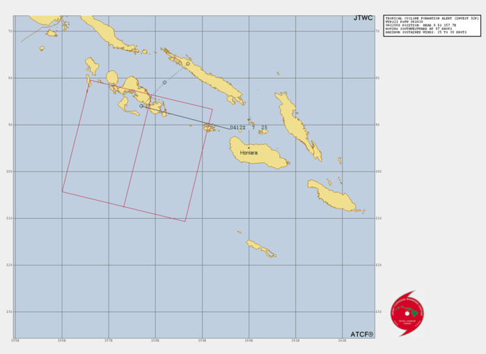 THE AREA OF CONVECTION (INVEST 92P) PREVIOUSLY LOCATED NEAR  8.7S 158.3E IS NOW LOCATED NEAR 8.6S 157.7E, APPROXIMATELY 147 NM  WEST-NORTHWEST OF HONIARA, GUADALCANAL. ANIMATED ENHANCED INFRARED  SATELLITE IMAGERY AND 041059Z MHS 89 GHZ MICROWAVE IMAGE DEPICT  FRAGMENTED FORMATIVE BANDING BEGINNING TO WRAP INTO THE LOW-LEVEL  CIRCULATION CENTER (LLCC). THE SYSTEM IS ALSO SHOWING IMPROVED  PERSISTENT DEEP CONVECTION OVER THE CENTER. ENVIRONMENTAL ANALYSIS  INDICATES THAT 92P IS IN A MARGINALLY FAVORABLE ENVIRONMENT FOR  DEVELOPMENT WITH EXCEPTIONAL POLEWARD OUTFLOW ALOFT AND WARM (29C) SEA  SURFACE TEMPERATURES OFFSET BY MODERATE TO HIGH (20-30 KTS) VERTICAL  WIND SHEAR. GLOBAL MODELS ARE IN GOOD AGREEMENT THAT 92P WILL TRACK  SOUTHWARD INTO THE CORAL SEA AS IT CONTINUES TO DEVELOP OVER THE NEXT  24-48 HOURS. MAXIMUM SUSTAINED SURFACE WINDS ARE ESTIMATED AT 25 TO 30  KNOTS. MINIMUM SEA LEVEL PRESSURE IS ESTIMATED TO BE NEAR 1000 MB. THE  POTENTIAL FOR THE DEVELOPMENT OF A SIGNIFICANT TROPICAL CYCLONE WITHIN  THE NEXT 24 HOURS IS UPGRADED TO HIGH.