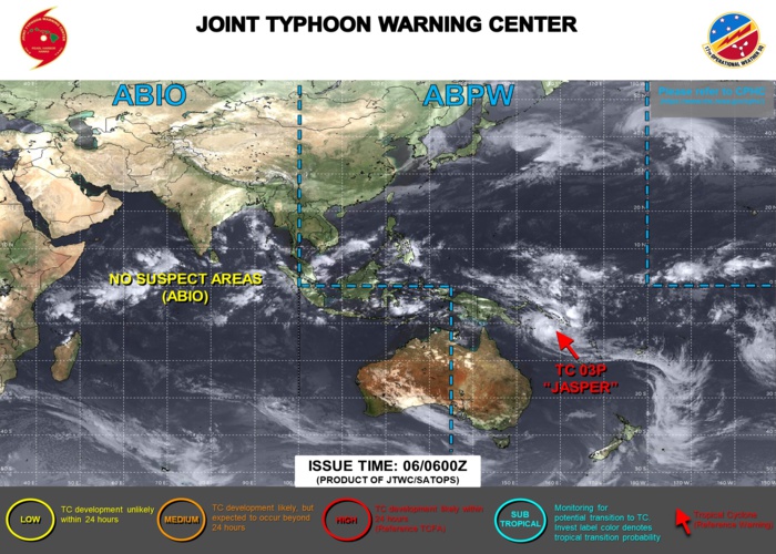 JTWC IS ISSUING 6HOURLY WARNINGS AND 3HOURLY SATELLITE BULLETINS ON TC 03P(JASPER). 3HOURLY SATELLITE BULLETINS ON THE REMNANTS OF TC 08B(MICHAUNG) WERE DISCONTINUED AT 06/1130UTC. JTWC IS ISSUING 6HOURLY WARNINGS AND 3HOURLY SATELLITE BULLETINS ON TC 03P(JASPER). 3HOURLY SATELLITE BULLETINS ON THE REMNANTS OF TC 08B(MICHAUNG) WERE DISCONTINUED AT 06/1130UTC.