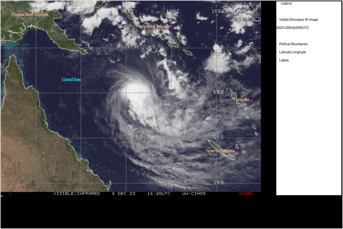 SATELLITE ANALYSIS, INITIAL POSITION AND INTENSITY DISCUSSION: ANIMATED MULTISPECTRAL SATELLITE IMAGERY (MSI) SHOWS THAT TC 03P (JASPER) HAD UNDERGONE A PERIOD OF SIGNIFICANT DEGRADATION. THE DEEP DISORGANIZED CONVECTION SEEN EARLIER HAS DISSIPATED AND CLOUD TOP TEMPERATURES OF THE REMAINING CONVECTIVE ACTIVITY HAS WARMED SIGNIFICANTLY AND BECOME EVEN MORE DISORGANIZED OVER THE PAST SIX HOURS. THE LOW LEVEL CIRCULATION CENTER (LLCC) REMAINS OBSCURED, BUT A 082310Z ASCAT-B BULLSEYE REVEALS THAT THE LLCC REMAINS WELL-DEFINED BUT DISPLACED TO THE NORTH-NORTHWEST OF THE BROAD UPPER-LEVEL ROTATION DUE TO STRONG NORTHWESTERLY SHEAR. THE INITIAL POSITION IS ASSESSED WITH HIGH CONFIDENCE BASED ON AN AMBIGUITY ANALYSIS OF THE AFOREMENTIONED ASCAT PASS. THE INITIAL INTENSITY OF 90 KNOTS IS ASSESSED WITH MEDIUM CONFIDENCE BASED ON A ROUGH AVERAGE OF THE SUBJECTIVE AND OBJECTIVE FIX ESTIMATES AND EXTRAPOLATION OF AN EARLIER 081913Z SENTINEL-1A SAR PASS WHICH REVEALED MAXIMUM WINDS BETWEEN 96-103 KNOTS. THE SYSTEM IS CLEARLY BEING IMPACTED HARSHLY BY THE SUSTAINED 25-30 KNOT NORTHWESTERLY SHEAR, AND AN INFLUX OF VERY DRY MID- TO UPPER-LEVEL AIR MOVING IN OVER TOP OF THE SYSTEM FROM THE WEST. WHILE SSTS REMAIN WARM AND UPPER-LEVEL OUTFLOW REMAINS MODERATELY STRONG TO THE EAST AND POLEWARD, THE NEGATIVE EFFECTS OF THE SHEAR AND DRY AIR ARE OVERWHELMING THE POSITIVE EFFECTS, GENERATING A MARGINALLY UNFAVORABLE ASSESSMENT OF THE ENVIRONMENT. THE SYSTEM HAS NOW STARTED TO TRACK TOWARDS THE SOUTHWEST, WITH THE SUBTROPICAL RIDGE (STR) TO THE SOUTH TAKING OVER THE DOMINANT STEERING ROLE.