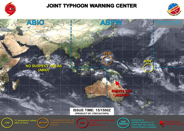 THE AREA OF CONVECTION (INVEST 91W) PREVIOUSLY LOCATED NEAR 3.4N 144.2E IS NOW LOCATED NEAR 4.9N 139.4E, APPROXIMATELY 319 NM EAST-SOUTHEAST OF PALAU. ANIMATED MULTISPECTRAL SATELLITE IMAGERY (MSI) HIGHLIGHTS THE OVERALL BROAD NATURE OF 91W AND ITS LOW LEVEL CIRCULATION (LLC) BARELY PEAKING OUT OF THE SOUTHEASTERN PERIPHERY OF ROBUST CONVECTION. ENVIRONMENTAL ANALYSIS REVEALS MARGINALLY FAVORABLE CONDITIONS FOR DEVELOPMENT WITH VERY WARM (30-32C) SSTS, AND LOW TO MODERATE (15-20 KTS) VERTICAL WIND SHEAR (VWS) OFFSET BY MODERATE WESTWARD OUTFLOW ALOFT. GLOBAL DETERMINISTIC MODELS, SPECIFICALLY GFS AND NAVGEM, DEPICT 91W TO CONSOLIDATE STEADILY WHILE TRACKING NORTHWESTWARD TOWARDS THE SOUTHERN PHILIPPINE ARCHIPELAGO AND REACH WARNING THRESHOLD (25 KTS INTENSITY) PRIOR TO LANDFALL. INTENSITY GUIDANCE CONSENSUS SHOWS A STEADY BUILD UP TO TROPICAL DEPRESSION STRENGTH OVER THE COURSE OF THE NEXT 48 HOURS. MAXIMUM SUSTAINED SURFACE WINDS ARE ESTIMATED AT 18 TO 23 KNOTS. MINIMUM SEA LEVEL PRESSURE IS ESTIMATED TO BE NEAR 1004 MB. THE POTENTIAL FOR THE DEVELOPMENT OF A SIGNIFICANT TROPICAL CYCLONE WITHIN THE NEXT 24 HOURS REMAINS MEDIUM. ----------------------- (2) AN AREA OF CONVECTION (INVEST 92W) HAS PERSISTED NEAR 3.2N 172.2E, APPROXIMATELY 427 NM SOUTHEAST OF KWAJALEIN. ANIMATED ENHANCED INFRARED (EIR) SATELLITE IMAGERY AND A 151038Z METOP-C SCATTEROMETER PARTIAL PASS DEPICT A BROAD, POORLY ORGANIZED, LOW LEVEL CIRCULATION (LLC) WITH FLARING CONVECTION ALONG THE SOUTHERN PERIPHERY. ENVIRONMENTAL ANALYSIS REVEALS FAVORABLE CONDITIONS FOR DEVELOPMENT WITH WARM (29-30C) SSTS, LOW (05-10 KTS) VERTICAL WIND SHEAR (VWS), AND GOOD POLEWARD OUTFLOW ALOFT. GLOBAL NUMERICAL MODELS AGREE 92W WILL SLOWLY CONSOLIDATE, STAYING QUASISTATIONARY OVER THE NEXT 72 HOURS. MAXIMUM SUSTAINED SURFACE WINDS ARE ESTIMATED AT 13 TO 17 KNOTS. MINIMUM SEA LEVEL PRESSURE IS ESTIMATED TO BE NEAR 1004 MB. THE POTENTIAL FOR THE DEVELOPMENT OF A SIGNIFICANT TROPICAL CYCLONE WITHIN THE NEXT 24 HOURS IS LOW. THE AREA OF CONVECTION (INVEST 91W) PREVIOUSLY LOCATED NEAR 3.4N 144.2E IS NOW LOCATED NEAR 4.9N 139.4E, APPROXIMATELY 319 NM EAST-SOUTHEAST OF PALAU. ANIMATED MULTISPECTRAL SATELLITE IMAGERY (MSI) HIGHLIGHTS THE OVERALL BROAD NATURE OF 91W AND ITS LOW LEVEL CIRCULATION (LLC) BARELY PEAKING OUT OF THE SOUTHEASTERN PERIPHERY OF ROBUST CONVECTION. ENVIRONMENTAL ANALYSIS REVEALS MARGINALLY FAVORABLE CONDITIONS FOR DEVELOPMENT WITH VERY WARM (30-32C) SSTS, AND LOW TO MODERATE (15-20 KTS) VERTICAL WIND SHEAR (VWS) OFFSET BY MODERATE WESTWARD OUTFLOW ALOFT. GLOBAL DETERMINISTIC MODELS, SPECIFICALLY GFS AND NAVGEM, DEPICT 91W TO CONSOLIDATE STEADILY WHILE TRACKING NORTHWESTWARD TOWARDS THE SOUTHERN PHILIPPINE ARCHIPELAGO AND REACH WARNING THRESHOLD (25 KTS INTENSITY) PRIOR TO LANDFALL. INTENSITY GUIDANCE CONSENSUS SHOWS A STEADY BUILD UP TO TROPICAL DEPRESSION STRENGTH OVER THE COURSE OF THE NEXT 48 HOURS. MAXIMUM SUSTAINED SURFACE WINDS ARE ESTIMATED AT 18 TO 23 KNOTS. MINIMUM SEA LEVEL PRESSURE IS ESTIMATED TO BE NEAR 1004 MB. THE POTENTIAL FOR THE DEVELOPMENT OF A SIGNIFICANT TROPICAL CYCLONE WITHIN THE NEXT 24 HOURS REMAINS MEDIUM. ----------------------- (2) AN AREA OF CONVECTION (INVEST 92W) HAS PERSISTED NEAR 3.2N 172.2E, APPROXIMATELY 427 NM SOUTHEAST OF KWAJALEIN. ANIMATED ENHANCED INFRARED (EIR) SATELLITE IMAGERY AND A 151038Z METOP-C SCATTEROMETER PARTIAL PASS DEPICT A BROAD, POORLY ORGANIZED, LOW LEVEL CIRCULATION (LLC) WITH FLARING CONVECTION ALONG THE SOUTHERN PERIPHERY. ENVIRONMENTAL ANALYSIS REVEALS FAVORABLE CONDITIONS FOR DEVELOPMENT WITH WARM (29-30C) SSTS, LOW (05-10 KTS) VERTICAL WIND SHEAR (VWS), AND GOOD POLEWARD OUTFLOW ALOFT. GLOBAL NUMERICAL MODELS AGREE 92W WILL SLOWLY CONSOLIDATE, STAYING QUASISTATIONARY OVER THE NEXT 72 HOURS. MAXIMUM SUSTAINED SURFACE WINDS ARE ESTIMATED AT 13 TO 17 KNOTS. MINIMUM SEA LEVEL PRESSURE IS ESTIMATED TO BE NEAR 1004 MB. THE POTENTIAL FOR THE DEVELOPMENT OF A SIGNIFICANT TROPICAL CYCLONE WITHIN THE NEXT 24 HOURS IS LOW.
