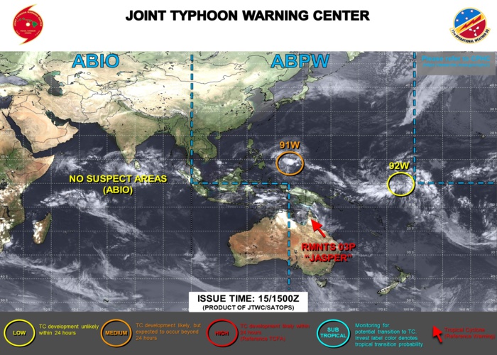 THE AREA OF CONVECTION (INVEST 91W) PREVIOUSLY LOCATED NEAR  3.4N 144.2E IS NOW LOCATED NEAR 4.9N 139.4E, APPROXIMATELY 319 NM  EAST-SOUTHEAST OF PALAU. ANIMATED MULTISPECTRAL SATELLITE IMAGERY  (MSI) HIGHLIGHTS THE OVERALL BROAD NATURE OF 91W AND ITS LOW LEVEL  CIRCULATION (LLC) BARELY PEAKING OUT OF THE SOUTHEASTERN PERIPHERY OF  ROBUST CONVECTION. ENVIRONMENTAL ANALYSIS REVEALS MARGINALLY FAVORABLE  CONDITIONS FOR DEVELOPMENT WITH VERY WARM (30-32C) SSTS, AND LOW TO  MODERATE (15-20 KTS) VERTICAL WIND SHEAR (VWS) OFFSET BY MODERATE  WESTWARD OUTFLOW ALOFT. GLOBAL DETERMINISTIC MODELS, SPECIFICALLY GFS  AND NAVGEM, DEPICT 91W TO CONSOLIDATE STEADILY WHILE TRACKING  NORTHWESTWARD TOWARDS THE SOUTHERN PHILIPPINE ARCHIPELAGO AND REACH  WARNING THRESHOLD (25 KTS INTENSITY) PRIOR TO LANDFALL. INTENSITY  GUIDANCE CONSENSUS SHOWS A STEADY BUILD UP TO TROPICAL DEPRESSION  STRENGTH OVER THE COURSE OF THE NEXT 48 HOURS.  MAXIMUM SUSTAINED  SURFACE WINDS ARE ESTIMATED AT 18 TO 23 KNOTS. MINIMUM SEA LEVEL  PRESSURE IS ESTIMATED TO BE NEAR 1004 MB. THE POTENTIAL FOR THE  DEVELOPMENT OF A SIGNIFICANT TROPICAL CYCLONE WITHIN THE NEXT 24 HOURS  REMAINS MEDIUM. -----------------------      (2) AN AREA OF CONVECTION (INVEST 92W) HAS PERSISTED NEAR 3.2N  172.2E, APPROXIMATELY 427 NM SOUTHEAST OF KWAJALEIN. ANIMATED ENHANCED  INFRARED (EIR) SATELLITE IMAGERY AND A 151038Z METOP-C SCATTEROMETER  PARTIAL PASS DEPICT A BROAD, POORLY ORGANIZED, LOW LEVEL CIRCULATION  (LLC) WITH FLARING CONVECTION ALONG THE SOUTHERN PERIPHERY.  ENVIRONMENTAL ANALYSIS REVEALS FAVORABLE CONDITIONS FOR DEVELOPMENT  WITH WARM (29-30C) SSTS, LOW (05-10 KTS) VERTICAL WIND SHEAR (VWS),  AND GOOD POLEWARD OUTFLOW ALOFT. GLOBAL NUMERICAL MODELS AGREE 92W  WILL SLOWLY CONSOLIDATE, STAYING QUASISTATIONARY OVER THE NEXT 72  HOURS. MAXIMUM SUSTAINED SURFACE WINDS ARE ESTIMATED AT 13 TO 17  KNOTS. MINIMUM SEA LEVEL PRESSURE IS ESTIMATED TO BE NEAR 1004 MB. THE  POTENTIAL FOR THE DEVELOPMENT OF A SIGNIFICANT TROPICAL CYCLONE WITHIN  THE NEXT 24 HOURS IS LOW.