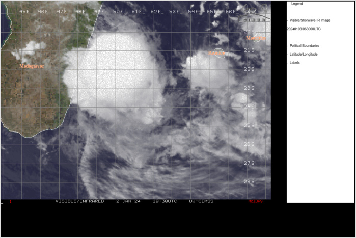 SATELLITE ANALYSIS, INITIAL POSITION AND INTENSITY DISCUSSION: ANIMATED ENHANCED INFRARED (EIR) SATELLITE IMAGERY DEPICTS A VIGOROUS CONVECTIVE BURST THAT IS FULLY OBSCURING THE NEWLY FORMED LLCC. A 030027Z SSMIS 91GHZ MICROWAVE IMAGE INDICATES A LINGERING DISSONANCE BETWEEN A WELL DEVELOPED UPPER-LEVEL CIRCULATION AND ASSOCIATED CONVECTION AND A PARTIALLY VISIBLE LOW-LEVEL CIRCULATION TRAILING SLIGHTLY BEHIND. THE INITIAL POSITION IS PLACED WITH MEDIUM CONFIDENCE BASED ON EIR AND SSMIS IMAGERY. THE INITIAL INTENSITY OF 40 KTS IS ASSESSED WITH MEDIUM CONFIDENCE BASED ON AUTOMATED AND DVORAK INTENSITY ESTIMATES WHICH INDICATE 35-50KTS.