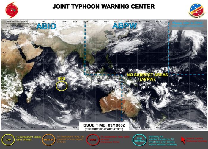 UPDATED AT 01/09/18UTC.THE AREA OF CONVECTION (INVEST 96S) PREVIOUSLY LOCATED NEAR  8.9S 78.7E IS NOW LOCATED NEAR 8.6S 78.8E, APPROXIMATELY 383 NM EAST OF  DIEGO GARCIA. ANIMATED ENHANCED INFRARED (EIR) SATELLITE IMAGERY SHOWS A  PARTIALLY EXPOSED LOW LEVEL CIRCULATION CENTER (LLCC) WITH DEEP  CONVECTION PERSISTING ALONG THE WESTERN PERIPHERIES. THE CIRCULATION IS  PASSING OVER VERY WARM WATER (29-30C) BUT CURRENTLY LIES IN AN AREA OF  MODERATE TO HIGH (20-25 KTS) EASTERLY VERTICAL WIND SHEAR WITH WEAK  UPPER LEVEL OUTFLOW. INVEST 96S IS EXPECTED TO CONTINUE ON AN  EQUATORWARD TRACK INTO A ZONE OF HIGHER SHEAR OVER THE NEXT FEW DAYS.  MAXIMUM SUSTAINED SURFACE WINDS ARE ESTIMATED AT 18 TO 22 KNOTS. MINIMUM  SEA LEVEL PRESSURE IS ESTIMATED TO BE NEAR 1009 MB. THE POTENTIAL FOR  THE DEVELOPMENT OF A SIGNIFICANT TROPICAL CYCLONE WITHIN THE NEXT 24  HOURS REMAINS LOW.