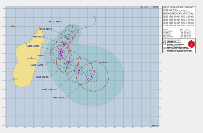 FORECAST REASONING.  SIGNIFICANT FORECAST CHANGES: THIS INITIAL PROGNOSTIC REASONING MESSAGE ESTABLISHES THE FORECAST PHILOSOPHY.  FORECAST DISCUSSION: TROPICAL CYCLONE (TC) 05S (FIVE) IS FORECAST TO TRACK GENERALLY TOWARDS THE SOUTHWEST ALONG THE WEST SIDE OF THE STEERING RIDGE FOR THE NEXT 36 HOURS. TRACK SPEEDS WILL REMAIN RELATIVELY STEADY THROUGH THE FIRST DAY OR SO OF THE FORECAST AS THE RIDGE REMAINS ENTRENCHED TO THE EAST. BY TAU 36, THE TRACK BEGINS TO TURN MORE SOUTHWARD AND SLOWS DOWN AS THE RIDGE BEGINS TO REORIENT TO A MORE NORTHWEST-SOUTHEAST AXIS. SHORTLY AFTER TAU 48, TC 05S WILL BE FIRMLY SET UPON A SOUTHEASTWARD TRACK AS THE RIDGE COMPLETES IS REORIENTATION PHASE, AND IS EXPECTED TO PASS BETWEEN LA REUNION AND MAURITIUS AROUND TAU 96, THEN CONTINUE INTO THE OPEN WATERS OF THE SOUTHERN INDIAN OCEAN. IN TERMS OF INTENSITY, THE ENVIRONMENT IS OPTIMUM FOR RAPID INTENSIFICATION ONCE THE LLCC FULLY CONSOLIDATES, WHICH IS EXPECTED IMMINENTLY. OPTIMUM CONDITIONS ARE FORECAST TO CONTINUE FOR THE NEXT 48 HOURS, ALLOWING THE SYSTEM TO INTENSIFY AT LEAST 60 KNOTS IN THE NEXT TWO DAYS. CONDITIONS REMAIN FAVORABLE FOR ANOTHER 24 HOURS AFTER THAT, AND ADDITIONAL INTENSIFICATION UP TO AT LEAST 105 KNOTS, AND POTENTIAL HIGHER, IS EXPECTED PRIOR TO THE SYSTEM REACHING THE MASCARENE ARCHIPELAGO. A RAPID DECREASE IN OCEAN HEAT CONTENT AND SSTS, ACCOMPANIED BY A SHARP INCREASE IN SHEAR WILL INDUCE A SLOW BUT STEADY WEAKENING TREND AFTER TAU 96 AS THE SYSTEM CONTINUES MOVING POLEWARD.