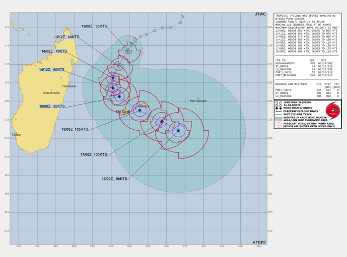 FORECAST REASONING.  SIGNIFICANT FORECAST CHANGES: THERE ARE NO SIGNIFICANT CHANGES TO THE FORECAST FROM THE PREVIOUS WARNING.  FORECAST DISCUSSION: TROPICAL CYCLONE (TC) 05S (FIVE) IS FORECAST TO TRACK TOWARD THE SOUTHWEST ALONG THE WESTERN PERIPHERY OF THE STEERING SUBTROPICAL RIDGE FOR THE NEXT 24 HOURS. TRACK SPEED IS EXPECTED TO REMAIN FAIRLY STEADY AS THE RIDGE DRIVES THE STORM TRACK TOWARD MAURITIUS AND LA REUNION. BY TAU 24, THE OVERALL MOVEMENT BEGINS TO PROGRESS SOUTHWARD AND SLOWS DOWN AS THE STEERING RIDGE REORIENTS TO THE NORTHEAST. BY TAU 36, TC 05S WILL BEGIN ITS SOUTHEASTWARD TRACK AND IS EXPECTED TO PASS DIRECTLY IN BETWEEN MAURITIUS AND LA REUNION NEAR THE TAU 72, AND CONTINUE INTO THE OPEN WATERS OF THE INDIAN OCEAN. THE ENVIRONMENT REMAINS FAVORABLE FOR ONGOING RAPID INTENSIFICATION AS DESTRUCTIVE VERTICAL WIND SHEAR (VWS) REMAINS LOW AND ALLOWS FOR INTENSITY TO INCREASE TO 60 KNOTS WITHIN THE NEXT 12 HOURS. 105 KNOTS IS FORECAST INTO TAU 72 AS WELL WHILE THE ENVIRONMENT SUPPORTS CONTINUED STRENGTHENING DIRECTLY THROUGH THE MASCARENE ARCHIPELAGO. AN EXPECTED RAPID DECREASE IN OCEAN HEAT CONTENT AND SSTS, WHILE VWS INCREASES WILL INDUCE A WEAKENING OF 05S INTO TAU 120 AS THE STORM PROGRESSES POLEWARD TOWARD COOLER WATERS.