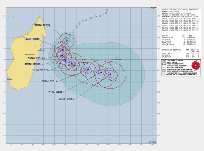 FORECAST REASONING.  SIGNIFICANT FORECAST CHANGES: THERE ARE NO SIGNIFICANT CHANGES TO THE FORECAST FROM THE PREVIOUS WARNING.  FORECAST DISCUSSION: TROPICAL CYCLONE (TC) 05S IS FORECAST TO TRACK SOUTH-SOUTHWESTWARD TO SOUTHWARD ALONG THE WESTERN PERIPHERY OF THE STR THROUGH TAU 24. BY TAU 36, TC 05S IS EXPECTED TO TURN SHARPLY SOUTHEASTWARD AS THE SUBTROPICAL WESTERLIES SHIFT OVER MADAGASCAR AND WEAKEN THE STR. TC 05S IS EXPECTED TO RAPIDLY INTENSIFY OVER THE NEXT 36 HOURS UNDER VERY FAVORABLE CONDITIONS, WITH A PEAK INTENSITY OF 105 KNOTS ANTICIPATED BY TAU 36. STEADY WEAKENING WILL COMMENCE AFTER TAU 48 DUE TO INCREASING (15 TO 25 KNOTS) VERTICAL WIND SHEAR (VWS) ASSOCIATED WITH THE STRENGTHENING SUBTROPICAL WESTERLIES. TC 05S WILL TRACK GENERALLY EAST-SOUTHEASTWARD THROUGH TAU 120 ALONG THE SOUTHWESTERN PERIPHERY OF THE REORIENTED STR POSITIONED TO THE NORTHEAST. AFTER TAU 96, THERE IS A SHORT WINDOW FOR SLIGHT REINTENSIFICATION AS THE SUBTROPICAL WESTERLIES AND AN ASSOCIATED SHORTWAVE TROUGH PROPAGATE EASTWARD, WITH DECREASING VWS AND IMPROVED POLEWARD VENTING.