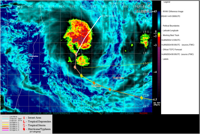SATELLITE ANALYSIS, INITIAL POSITION AND INTENSITY DISCUSSION: ANIMATED MULTISPECTRAL SATELLITE IMAGERY (MSI) DEPICTS A RAPIDLY INTENSIFYING TROPICAL CYCLONE AS CONTINUOUS CONVECTIVE STRUCTURES ENCIRCLE THE LOW-LEVEL CIRCULATION CENTER (LLCC) WITH IMPROVED SPIRAL BANDING AND AN OBSERVABLE AND COMPACT CENTRAL DENSE OVERCAST (CDO) OBSCURING THE RECENTLY FORMED EYE. A MICROWAVE EYE FEATURE IN THE 132338Z SSMIS 37GHZ IMAGE SUPPORTS THE INITIAL POSITION WITH HIGH CONFIDENCE AND VALIDATES THE FORMATION OF THE AFOREMENTIONED EYE FEATURE. THE MICROWAVE IMAGE SHOWS PERSISTENT DEEP CONVECTIVE BANDING, PRIMARILY AROUND THE SOUTHERN PERIPHERY SEMICIRCLE. THE INITIAL INTENSITY IS ASSESSED AT 70 KNOTS BASED ON THE PGTW, FMEE, AND DEMS DVORAK ESTIMATES. CIMSS OBJECTIVE INTENSITY ESTIMATES HAVE RISEN THROUGH THE LAST SIX HOURS, AND RANGE FROM 61-77 KNOTS. SATELLITE ANALYSIS, INITIAL POSITION AND INTENSITY DISCUSSION: ANIMATED MULTISPECTRAL SATELLITE IMAGERY (MSI) DEPICTS A RAPIDLY INTENSIFYING TROPICAL CYCLONE AS CONTINUOUS CONVECTIVE STRUCTURES ENCIRCLE THE LOW-LEVEL CIRCULATION CENTER (LLCC) WITH IMPROVED SPIRAL BANDING AND AN OBSERVABLE AND COMPACT CENTRAL DENSE OVERCAST (CDO) OBSCURING THE RECENTLY FORMED EYE. A MICROWAVE EYE FEATURE IN THE 132338Z SSMIS 37GHZ IMAGE SUPPORTS THE INITIAL POSITION WITH HIGH CONFIDENCE AND VALIDATES THE FORMATION OF THE AFOREMENTIONED EYE FEATURE. THE MICROWAVE IMAGE SHOWS PERSISTENT DEEP CONVECTIVE BANDING, PRIMARILY AROUND THE SOUTHERN PERIPHERY SEMICIRCLE. THE INITIAL INTENSITY IS ASSESSED AT 70 KNOTS BASED ON THE PGTW, FMEE, AND DEMS DVORAK ESTIMATES. CIMSS OBJECTIVE INTENSITY ESTIMATES HAVE RISEN THROUGH THE LAST SIX HOURS, AND RANGE FROM 61-77 KNOTS.