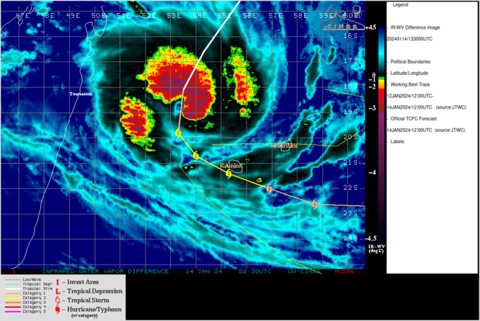 SATELLITE ANALYSIS, INITIAL POSITION AND INTENSITY DISCUSSION: DESPITE INCREASING PRESSURE FROM SUBTROPICAL UPPER-LEVEL WESTERLY FLOW OVER THE WESTERN PERIPHERY OF THE SYSTEM, TROPICAL CYCLONE (TC) 05S CONTINUES TO CONSOLIDATE DUE IN LARGE PART TO STRONG POLEWARD AND EQUATORWARD OUTFLOW. ANIMATED ENHANCED INFRARED (EIR) SATELLITE IMAGERY DEPICTS A COMPACT CORE WITH A FORMATIVE EYE. A 140957Z AMSR2 37 GHZ COLOR COMPOSITE MICROWAVE IMAGE REVEALS SPIRAL BANDING WRAPPING TIGHTLY INTO A SMALL CORE SURROUNDING A SMALL, WELL-DEFINED MICROWAVE EYE FEATURE. THE INITIAL POSITION IS PLACED WITH HIGH CONFIDENCE BASED ON THE AMSR2 IMAGE. THE INITIAL INTENSITY OF 85 KTS IS ASSESSED WITH MEDIUM CONFIDENCE BASED ON DVORAK INTENSITY ESTIMATES RANGING FROM 77 TO 90 KNOTS AS WELL AS A 140957Z AMSR2 WINDSPEED IMAGE, WHICH INDICATES MAXIMUM WINDS OF 85 KNOTS OVER THE EASTERN QUADRANT. SATELLITE ANALYSIS, INITIAL POSITION AND INTENSITY DISCUSSION: DESPITE INCREASING PRESSURE FROM SUBTROPICAL UPPER-LEVEL WESTERLY FLOW OVER THE WESTERN PERIPHERY OF THE SYSTEM, TROPICAL CYCLONE (TC) 05S CONTINUES TO CONSOLIDATE DUE IN LARGE PART TO STRONG POLEWARD AND EQUATORWARD OUTFLOW. ANIMATED ENHANCED INFRARED (EIR) SATELLITE IMAGERY DEPICTS A COMPACT CORE WITH A FORMATIVE EYE. A 140957Z AMSR2 37 GHZ COLOR COMPOSITE MICROWAVE IMAGE REVEALS SPIRAL BANDING WRAPPING TIGHTLY INTO A SMALL CORE SURROUNDING A SMALL, WELL-DEFINED MICROWAVE EYE FEATURE. THE INITIAL POSITION IS PLACED WITH HIGH CONFIDENCE BASED ON THE AMSR2 IMAGE. THE INITIAL INTENSITY OF 85 KTS IS ASSESSED WITH MEDIUM CONFIDENCE BASED ON DVORAK INTENSITY ESTIMATES RANGING FROM 77 TO 90 KNOTS AS WELL AS A 140957Z AMSR2 WINDSPEED IMAGE, WHICH INDICATES MAXIMUM WINDS OF 85 KNOTS OVER THE EASTERN QUADRANT.