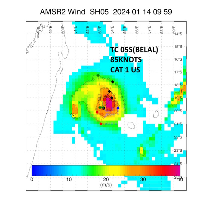 Intensifying TC 05S(BELAL) is forecast to track dangerously close to REUNION island(possibly over) by 24h// Invest 98S//Invest 99S//1415utc