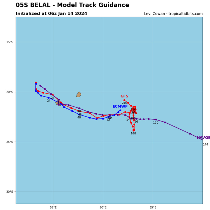 Intensifying TC 05S(BELAL) is forecast to track dangerously close to REUNION island(possibly over) by 24h// Invest 98S//Invest 99S//1415utc