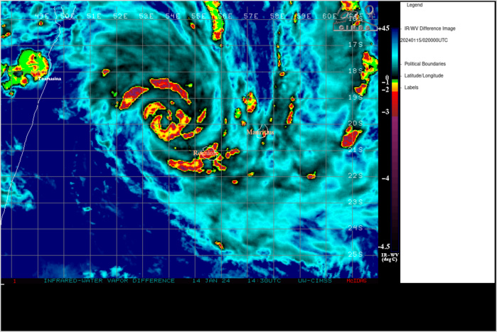 SATELLITE ANALYSIS, INITIAL POSITION AND INTENSITY DISCUSSION: ANIMATED MULTISPECTRAL SATELLITE IMAGERY (MSI) DEPICTS A SLIGHT INCREASING INFLUENCE FROM THE WESTERLIES ACROSS SOUTHERN MADAGASCAR, WRAPPING A SMALL INJECTION OF DRY AIR AROUND THE NORTHWESTERN PERIPHERY OF THE SYSTEM, MAINTAINING THE CURRENT  INTENSITY WITH NO OBSERVABLE SIGNIFICANT DEVELOPMENT. WITH THE INCREASED INFLUENCE OF THE WESTERLIES AND MID-LATITUDE TROF  AS 05S HAS MADE ITS SOUTHEASTERLY TURN TOWARD LA REUNION, UPPER-LEVEL  OUTFLOW HAS BEEN LIMITED TO AN EASTWARD COMPONENT ALONG THE SOUTHERN  SEMICIRCLE. ANIMATED ENHANCED INFRARED (EIR) SATELLITE IMAGERY DEPICTS  AN OBSCURED PINHOLE EYE BY THE TIGHTLY WRAPPED CONVECTIVE STRUCTURES AROUND THE MAXIMUM TURNING. BELOW THE CONTINUING AND OBSCURING CYCLONICALLY WRAPPED UPPER-LEVEL CLOUD FEATURES, A PARTIAL 142328Z SSMIS 37 GHZ MICROWAVE IMAGE REVEALS A LOW-LEVEL AND DEFINED EYE FEATURE. THE INITIAL POSITION IS PLACED IN HIGH CONFIDENCE BASED ON THE SOUTHEASTWARD MOVING CYCLONE INDICATED ON THE 141837Z ASCAT IMAGERY, A PREVIOUSLY OBSERVED PINHOLE EYE ON ANIMATED EIR IMAGERY, AND THE AFOREMENTIONED 142328Z MICROWAVE IMAGERY. THE INITIAL INTENSITY OF 90 KTS IS ASSESSED WITH MEDIUM CONFIDENCE BASED ON DVORAK INTENSITY ESTIMATES RANGING FROM 77 TO 90 KNOTS, AS WELL AS AN OBSERVED SLIGHT DECREASE IN WRAPPED CONVECTIVE FEATURES AROUND THE WESTERN PERIPHERY OF THE STORM.