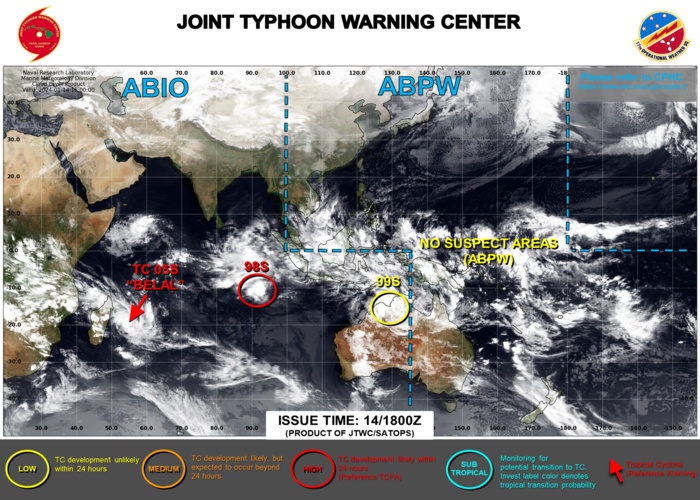 JTWC IS ISSUING 12HOURLY WARNINGS AND 3HOURLY SATELLITE BULLETINS ON TC 05S(BELAL) AND 3HOURLY SATELLITE BULLETINS ON INVEST 98S. JTWC IS ISSUING 12HOURLY WARNINGS AND 3HOURLY SATELLITE BULLETINS ON TC 05S(BELAL) AND 3HOURLY SATELLITE BULLETINS ON INVEST 98S.