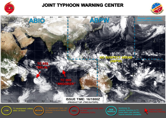 JTWC IS ISSUING 12HOURLY WARNINGS ON TC 05S(BELAL) AND ON TC 06S(ANGGREK). 3HOURLY SATELLITE BULLETINS ARE ISSUED ON BOTH SYSTEMS.