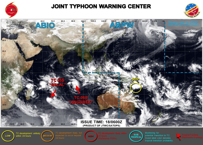 JTWC IS ISSUING 12HOURLY WARNINGS ON TC 05S(BELAL) AND ON TC 06S(ANGGREK). 3HOURLY SATELLITE BULLETINS ARE ISSUED ON BOTH SYSTEMS. JTWC IS ISSUING 12HOURLY WARNINGS ON TC 05S(BELAL) AND ON TC 06S(ANGGREK). 3HOURLY SATELLITE BULLETINS ARE ISSUED ON BOTH SYSTEMS.