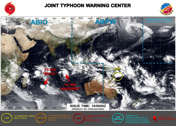 JTWC IS ISSUING 12HOURLY WARNINGS ON TC 05S(BELAL) AND ON TC 06S(ANGGREK). 3HOURLY SATELLITE BULLETINS ARE ISSUED ON BOTH SYSTEMS.