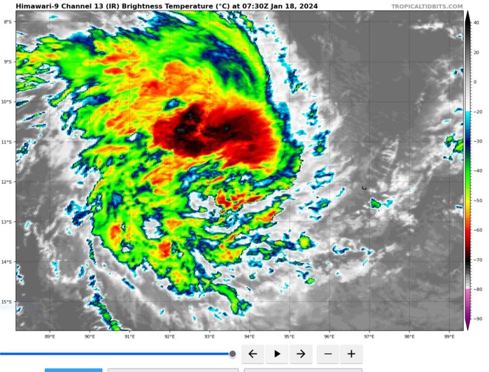 SATELLITE ANALYSIS, INITIAL POSITION AND INTENSITY DISCUSSION: ANIMATED MULTISPECTRAL SATELLITE IMAGERY (MSI) DEPICTS A BROAD,  PARTIALLY-EXPOSED LOW-LEVEL CIRCULATION (LLC) WITH DEEP CONVECTIVE  BANDING OVER THE NORTHERN SEMICIRCLE. A PARTIAL 180637Z ATMS 183 GHZ  MICROWAVE IMAGE SHOWS THE BULK OF THE DEEP CONVECTION CONFINED TO THE  NORTHERN SEMICIRCLE WITH A WEAKLY-DEFINED CENTER ON THE SOUTHERN EDGE  OF THE CONVECTIVE BAND, WHICH SUPPORTS THE INITIAL POSITION WITH  MEDIUM CONFIDENCE. THE 180000Z HAFS-A 700-300 MB RELATIVE HUMIDITY  PRODUCT INDICATES DRY AIR ENTRAINMENT IS CURRENTLY OCCURRING OVER THE  SOUTHERN SEMICIRCLE. THE INITIAL INTENSITY OF 45 KTS IS ASSESSED WITH  MEDIUM CONFIDENCE BASED ON THE CURRENT INTENSITY ESTIMATES FROM PGTW,  KNES AND APRF. ADDITIONALLY, IT IS SUPPORTED BY THE CIMSS ADT  ESTIMATE.