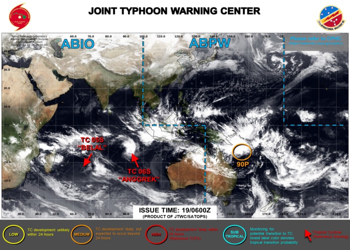 JTWC IS ISSUING 12HOURLY WARNINGS ON TC 06S(ANGGREK). WARNINGS WERE TERMINATED ON TC 05S(BELAL) AT 19/03UTC.3HOURLY SATELLITE BULLETINS ARE ISSUED ON BOTH SYSTEMS AND ON INVEST 90P.