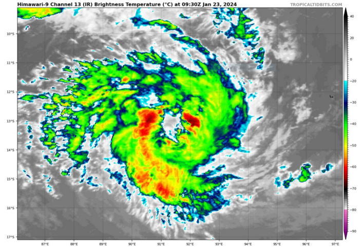 SATELLITE ANALYSIS, INITIAL POSITION AND INTENSITY DISCUSSION: TROPICAL CYCLONE (TC) 06S HAS MAINTAINED INTENSITY AT 40 KNOTS DUE PRIMARILY TO UPWELLING COOLER WATER RESULTING FROM THE SYSTEM'S SLOW TRACK MOTION AS REVEALED IN THE RECENT HAFS-A SST ANALYSIS. ANIMATED ENHANCED INFRARED (EIR) SATELLITE IMAGERY DEPICTS FRAGMENTED, WEAK DEEP CONVECTIVE BANDING WRAPPING INTO A RAGGED LOW-LEVEL CIRCULATION CENTER (LLCC), WHICH SUPPORTS THE INITIAL POSITION WITH HIGH CONFIDENCE. A 230342Z MHS 89 GHZ MICROWAVE IMAGE SHOWS A 100-110 NM DIAMETER CONVECTION-FREE CORE WITH DEEP CONVECTIVE BANDS WRAPPED LOOSELY. A 230258Z ASCAT-B BULLSEYE IMAGE SHOWS A DEFINED CENTER WITH 30-35 KNOT WINDS OVER THE EASTERN SEMICIRCLE, WHICH SUPPORTS THE INITIAL WIND RADII WITH HIGH CONFIDENCE. ANIMATED WATER VAPOR IMAGERY AND RECENT CIMSS UPPER-LEVEL WINDS SHOW AN UPPER-LEVEL TROUGH IMPINGING ON THE SOUTHERN PERIPHERY OF THE SYSTEM, LIMITING POLEWARD OUTFLOW, WITH MODERATE EQUATORWARD OUTFLOW. THE INITIAL INTENSITY OF 40 KTS IS ASSESSED WITH HIGH CONFIDENCE BASED ON RECENT ASCAT DATA AS WELL AS THE PGTW, DEMS AND APRF SUBJECTIVE DVORAK ESTIMATES.