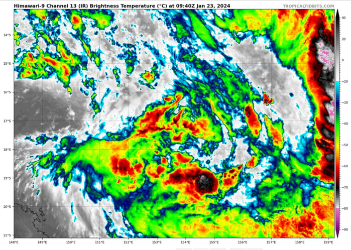 SATELLITE ANALYSIS, INITIAL POSITION AND INTENSITY DISCUSSION: TROPICAL CYCLONE (TC) 07P HAS CONTINUED TO STRUGGLE TO ORGANIZE DUE TO THE BROAD UPPER-LEVEL LOW POSITIONED OVER THE CENTER, EXTENDING WESTWARD TO THE AUSTRALIAN GOLD COAST. CONSEQUENTLY, ANIMATED MULTISPECTRAL SATELLITE IMAGERY (MSI) DEPICTS MULTIPLE MESOVORTICIES  ROTATING CYCLONICALLY AROUND A BROAD, EXPOSED CENTER, WITH DEEP  CONVECTIVE BANDING DISPLACED EASTWARD AND POLEWARD. A 230319Z AMSR2 36  GHZ MICROWAVE IMAGE REVEALS A FAIRLY RAGGED LOW-LEVEL CIRCULATION  CENTER (LLCC) WITH FRAGMENTED INNER SHALLOW BANDING WRAPPING AROUND  THE LLCC. A RECENT 222243Z ASCAT-B IMAGE REFLECTS THE BROAD NATURE OF  THE SYSTEM, SHOWING AN ELONGATED CENTER WITH GALE-FORCE WINDS  DISPLACED TO THE NORTHEAST AND SOUTHWEST. THIS ASCAT IMAGE WAS USED TO  TAILOR THE INITIAL WIND RADII VALUES. OVERALL, THE INITIAL POSITION IS  PLACED WITH MEDIUM CONFIDENCE BASED ON THE CENTROID POSITION EVIDENT  IN MSI AND THE AMSR2 IMAGE. THE INITIAL INTENSITY OF 35 KTS IS  ASSESSED WITH HIGH CONFIDENCE BASED ON SUBJECTIVE DVORAK ESTIMATES,  RECENT ASCAT DATA AND THE CIMSS OBJECTIVE ESTIMATES.