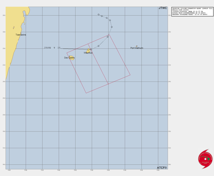 THE AREA OF CONVECTION (INVEST 92S) PREVIOUSLY LOCATED  NEAR 19.6S 58.8E IS NOW LOCATED NEAR 20.1S 57.9E, APPROXIMATELY 23 NM  EAST-NORTHEAST OF MAURITIUS. ANIMATED ENHANCED INFRARED SATELLITE  IMAGERY (EIR) AND A PARTIAL 2317157Z METOP-B ASCAT DEPICT A  CONSOLIDATING LOW-LEVEL CIRCULATION CENTER (LLCC) WITH THE STRONGEST  WIND ASSOCIATED WITH PERSISTENT FLARING CONVECTION PLACED TO THE WEST- NORTHWEST. A RECENT MAURITIUS OBSERVATION SHOWS A DYNAMIC DROP IN  PRESSURE BY 7 MB IN THE LAST 24 HOURS.  WHILE A SHIP OBSERVATION TO  SOUTHWEST IS SHOWS SOUTHERLY WINDS AT 28 KNOTS. ENVIRONMENTAL ANALYSIS  INDICATES THAT 92S IS IN A MARGINALLY FAVORABLE ENVIRONMENT FOR  FURTHER DEVELOPMENT WITH WEAK EQUATORWARD OUTFLOW ALOFT, LOW TO  MODERATE (15-20 KTS) VERTICAL WIND SHEAR, AND WARM (28-29 C) SEA  SURFACE TEMPERATURES. MODEL GUIDANCE INDICATES THAT THE SYSTEM IS  CURRENTLY PASSING MAURITIUS AND WILL CONTINUE TO BECOME MORE ORGANIZED  OVER THE NEXT 24 HOURS. MAXIMUM SUSTAINED SURFACE WINDS ARE ESTIMATED  AT 25 TO 30 KNOTS. MINIMUM SEA LEVEL PRESSURE IS ESTIMATED TO BE NEAR  998 MB. THE POTENTIAL FOR THE DEVELOPMENT OF A SIGNIFICANT TROPICAL  CYCLONE WITHIN THE NEXT 24 HOURS IS UPGRADED TO HIGH. THE AREA OF CONVECTION (INVEST 92S) PREVIOUSLY LOCATED  NEAR 19.6S 58.8E IS NOW LOCATED NEAR 20.1S 57.9E, APPROXIMATELY 23 NM  EAST-NORTHEAST OF MAURITIUS. ANIMATED ENHANCED INFRARED SATELLITE  IMAGERY (EIR) AND A PARTIAL 2317157Z METOP-B ASCAT DEPICT A  CONSOLIDATING LOW-LEVEL CIRCULATION CENTER (LLCC) WITH THE STRONGEST  WIND ASSOCIATED WITH PERSISTENT FLARING CONVECTION PLACED TO THE WEST- NORTHWEST. A RECENT MAURITIUS OBSERVATION SHOWS A DYNAMIC DROP IN  PRESSURE BY 7 MB IN THE LAST 24 HOURS.  WHILE A SHIP OBSERVATION TO  SOUTHWEST IS SHOWS SOUTHERLY WINDS AT 28 KNOTS. ENVIRONMENTAL ANALYSIS  INDICATES THAT 92S IS IN A MARGINALLY FAVORABLE ENVIRONMENT FOR  FURTHER DEVELOPMENT WITH WEAK EQUATORWARD OUTFLOW ALOFT, LOW TO  MODERATE (15-20 KTS) VERTICAL WIND SHEAR, AND WARM (28-29 C) SEA  SURFACE TEMPERATURES. MODEL GUIDANCE INDICATES THAT THE SYSTEM IS  CURRENTLY PASSING MAURITIUS AND WILL CONTINUE TO BECOME MORE ORGANIZED  OVER THE NEXT 24 HOURS. MAXIMUM SUSTAINED SURFACE WINDS ARE ESTIMATED  AT 25 TO 30 KNOTS. MINIMUM SEA LEVEL PRESSURE IS ESTIMATED TO BE NEAR  998 MB. THE POTENTIAL FOR THE DEVELOPMENT OF A SIGNIFICANT TROPICAL  CYCLONE WITHIN THE NEXT 24 HOURS IS UPGRADED TO HIGH.