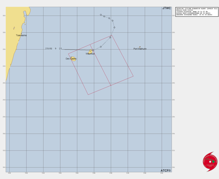 THE AREA OF CONVECTION (INVEST 92S) PREVIOUSLY LOCATED  NEAR 19.6S 58.8E IS NOW LOCATED NEAR 20.1S 57.9E, APPROXIMATELY 23 NM  EAST-NORTHEAST OF MAURITIUS. ANIMATED ENHANCED INFRARED SATELLITE  IMAGERY (EIR) AND A PARTIAL 2317157Z METOP-B ASCAT DEPICT A  CONSOLIDATING LOW-LEVEL CIRCULATION CENTER (LLCC) WITH THE STRONGEST  WIND ASSOCIATED WITH PERSISTENT FLARING CONVECTION PLACED TO THE WEST- NORTHWEST. A RECENT MAURITIUS OBSERVATION SHOWS A DYNAMIC DROP IN  PRESSURE BY 7 MB IN THE LAST 24 HOURS.  WHILE A SHIP OBSERVATION TO  SOUTHWEST IS SHOWS SOUTHERLY WINDS AT 28 KNOTS. ENVIRONMENTAL ANALYSIS  INDICATES THAT 92S IS IN A MARGINALLY FAVORABLE ENVIRONMENT FOR  FURTHER DEVELOPMENT WITH WEAK EQUATORWARD OUTFLOW ALOFT, LOW TO  MODERATE (15-20 KTS) VERTICAL WIND SHEAR, AND WARM (28-29 C) SEA  SURFACE TEMPERATURES. MODEL GUIDANCE INDICATES THAT THE SYSTEM IS  CURRENTLY PASSING MAURITIUS AND WILL CONTINUE TO BECOME MORE ORGANIZED  OVER THE NEXT 24 HOURS. MAXIMUM SUSTAINED SURFACE WINDS ARE ESTIMATED  AT 25 TO 30 KNOTS. MINIMUM SEA LEVEL PRESSURE IS ESTIMATED TO BE NEAR  998 MB. THE POTENTIAL FOR THE DEVELOPMENT OF A SIGNIFICANT TROPICAL  CYCLONE WITHIN THE NEXT 24 HOURS IS UPGRADED TO HIGH.