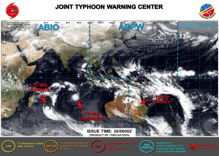 JTWC IS ISSUING 12HOURLY WARNINGS AND 3HOURLY SATELLITE BULLETINS ON TC 06S AND ON TC 08S. 3HOURLY SATELLITE BULLETINS ARE STILL ISSUED ON OVER-LAND TC 07P. JTWC IS ISSUING 12HOURLY WARNINGS AND 3HOURLY SATELLITE BULLETINS ON TC 06S AND ON TC 08S. 3HOURLY SATELLITE BULLETINS ARE STILL ISSUED ON OVER-LAND TC 07P.