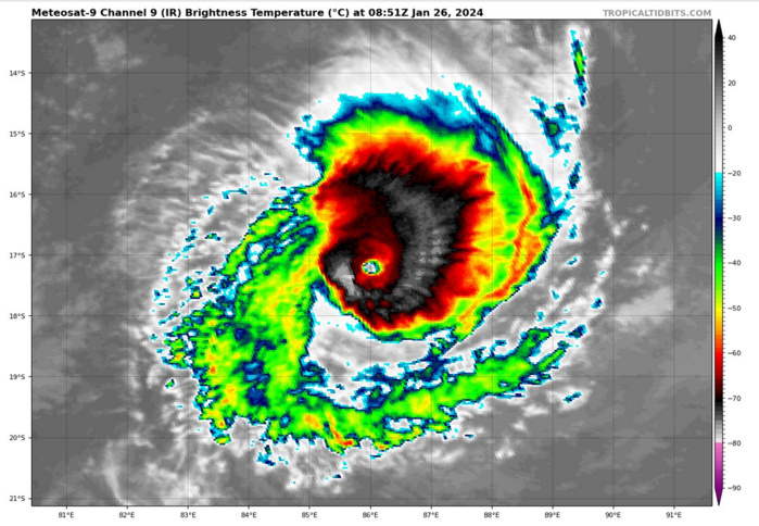 SATELLITE ANALYSIS, INITIAL POSITION AND INTENSITY DISCUSSION: ANIMATED MULTISPECTRAL SATELLITE IMAGERY (MSI) AND ENHANCED INFRARED (EIR) IMAGERY DEPICT TROPICAL CYCLONE (TC) 06S (ANGGREK) TRAVELING WEST-SOUTHWESTWARD AT 11 KTS WITH A TIGHT, CLOUD-FILLED EYE. THE EIR IMAGERY INDICATES EYE TEMPERATURES ABOVE 15C, WHILE CLOUD-TOP TEMPERATURES REACH AS COLD AS -80C AS THE STORM HAS INTENSIFIED OVER THE LAST TWELVE HOURS. MODERATE RADIAL OUTFLOW, LOW LEVELS OF VERTICAL WIND SHEAR BETWEEN 5-10KTS AND FAVORABLE SEA SURFACE TEMPERATURES BETWEEN 27-28C CONTINUE TO ENCOURAGE INTENSIFICATION. THE INITIAL POSITION OF 16.9S 86.5E WAS ASSESSED WITH MEDIUM CONFIDENCE BASED ON THE EYE POSITION IN A 260525Z EWS-G2 IMAGE. THE INITIAL INTENSITY WAS ASSESSED WITH HIGH CONFIDENCE BASED ON AN RCM-1 252341Z PASS SHOWING 105KT MAXIMUM WINDS AS WELL AS THE AGENCY AND OBJECTIVE FIXES LISTED BELOW.