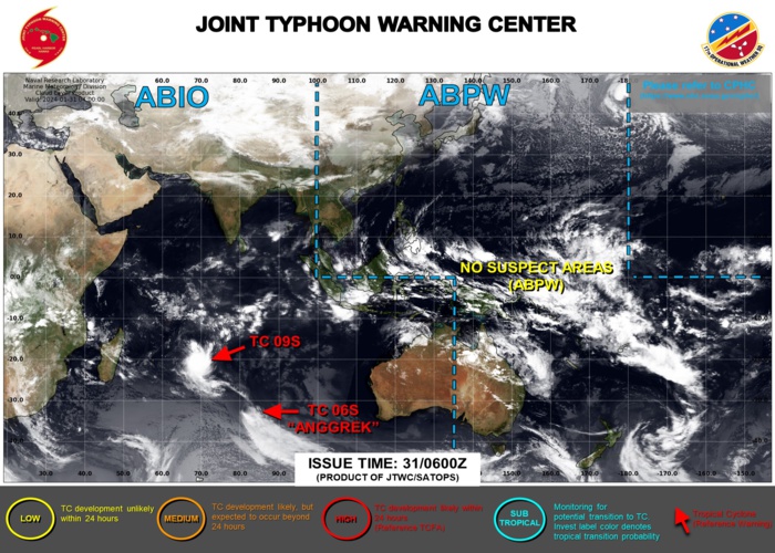 JTWC IS ISSUING 12HOURLY WARNINGS AND 3HOURLY SATELLITE BULLETINS TC 09S. WARNING 33/FINAL WAS ISSUED ON TC 06S AT 31/09UTC BUT 3HOURLY SATELLITE BULLETINS ARE STILL ISSUED. JTWC IS ISSUING 12HOURLY WARNINGS AND 3HOURLY SATELLITE BULLETINS TC 09S. WARNING 33/FINAL WAS ISSUED ON TC 06S AT 31/09UTC BUT 3HOURLY SATELLITE BULLETINS ARE STILL ISSUED.