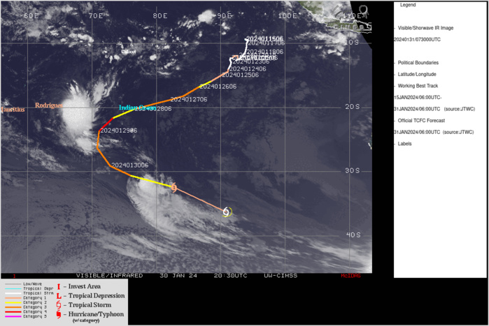 TROPICAL CYCLONE 06S (ANGGREK), LOCATED APPROXIMATELY 1767 NM WEST-SOUTHWEST OF LEARMONTH, AUSTRALIA, HAS TRACKED EAST- SOUTHEASTWARD AT 35 KNOTS OVER THE PAST SIX HOURS. ANIMATED MULTISPECTRAL SATELLITE IMAGERY (MSI) DEPICTS A RAPIDLY DETERIORATING LOW LEVEL CIRCULATION CENTER (LLCC), WHICH IS BECOMING INCREASINGLY ELONGATED. THE CIRCULATION IS DEVOID OF ANY SIGNIFICANT CONVECTION AT THIS POINT, WHICH IS DRIVING SUBJECTIVE AND OBJECTIVE DVORAK-BASED INTENSITY ESTIMATES DOWN TO THE 35 KNOT RANGE. HOWEVER, A SERIES OF SAR AND ULTRA-HIGH RESOLUTION ASCAT PASSES OVER THE LAST COUPLE OF DAYS HAVE CONFIRMED THAT THE WIND FIELD REMAINS SIGNIFICANTLY STRONGER THAN THE SATELLITE ESTIMATES WOULD SUGGEST. SO, WHILE STILL WEAKENING, THE SYSTEM REMAINS A STRONG TYPHOON STRENGTH SYSTEM. PHASE SPACE DIAGRAMS AND JTWC PHASE ANALYSIS SHOWS THE SYSTEM IS ALREADY MAKING THE TRANSITION TO AN EXTRA-TROPICAL LOW PRESSURE SYSTEM AND IT IS EXPECTED TO COMPLETE THIS ETT PROCESS WITHIN THE NEXT 12 HOURS AS THE SYSTEM RACES SOUTHEASTWARD ALONG THE TIGHT GRADIENT BETWEEN A ROBUST UPPER-LEVEL TROUGH TO THE SOUTHWEST AND A STRONG STR TO THE NORTHEAST. THIS IS THE FINAL WARNING ON THIS SYSTEM BY THE JOINT TYPHOON WRNCEN PEARL HARBOR HI. THE SYSTEM WILL BE CLOSELY MONITORED FOR SIGNS OF REGENERATION. MINIMUM CENTRAL PRESSURE AT 310600Z IS 983 MB. MAXIMUM SIGNIFICANT WAVE HEIGHT AT 310600Z IS 40 FEET. TROPICAL CYCLONE 06S (ANGGREK), LOCATED APPROXIMATELY 1767 NM WEST-SOUTHWEST OF LEARMONTH, AUSTRALIA, HAS TRACKED EAST- SOUTHEASTWARD AT 35 KNOTS OVER THE PAST SIX HOURS. ANIMATED MULTISPECTRAL SATELLITE IMAGERY (MSI) DEPICTS A RAPIDLY DETERIORATING LOW LEVEL CIRCULATION CENTER (LLCC), WHICH IS BECOMING INCREASINGLY ELONGATED. THE CIRCULATION IS DEVOID OF ANY SIGNIFICANT CONVECTION AT THIS POINT, WHICH IS DRIVING SUBJECTIVE AND OBJECTIVE DVORAK-BASED INTENSITY ESTIMATES DOWN TO THE 35 KNOT RANGE. HOWEVER, A SERIES OF SAR AND ULTRA-HIGH RESOLUTION ASCAT PASSES OVER THE LAST COUPLE OF DAYS HAVE CONFIRMED THAT THE WIND FIELD REMAINS SIGNIFICANTLY STRONGER THAN THE SATELLITE ESTIMATES WOULD SUGGEST. SO, WHILE STILL WEAKENING, THE SYSTEM REMAINS A STRONG TYPHOON STRENGTH SYSTEM. PHASE SPACE DIAGRAMS AND JTWC PHASE ANALYSIS SHOWS THE SYSTEM IS ALREADY MAKING THE TRANSITION TO AN EXTRA-TROPICAL LOW PRESSURE SYSTEM AND IT IS EXPECTED TO COMPLETE THIS ETT PROCESS WITHIN THE NEXT 12 HOURS AS THE SYSTEM RACES SOUTHEASTWARD ALONG THE TIGHT GRADIENT BETWEEN A ROBUST UPPER-LEVEL TROUGH TO THE SOUTHWEST AND A STRONG STR TO THE NORTHEAST. THIS IS THE FINAL WARNING ON THIS SYSTEM BY THE JOINT TYPHOON WRNCEN PEARL HARBOR HI. THE SYSTEM WILL BE CLOSELY MONITORED FOR SIGNS OF REGENERATION. MINIMUM CENTRAL PRESSURE AT 310600Z IS 983 MB. MAXIMUM SIGNIFICANT WAVE HEIGHT AT 310600Z IS 40 FEET.