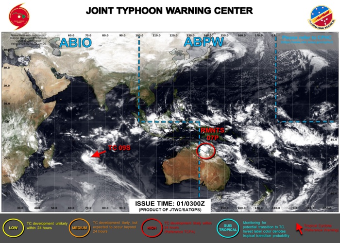 JTWC IS ISSUING 12HOURLY WARNINGS AND 3HOURLY SATELLITE BULLETINS TC 09S.3HOURLY SATELLITE BULLETINS WERE DISCONTINUED ON TC 06S AT 31/1730UTC. 3HOURLY SATELLITE BULLETINS ARE ISSUED ON OVER-LAND TC 07P(KIRRILY).