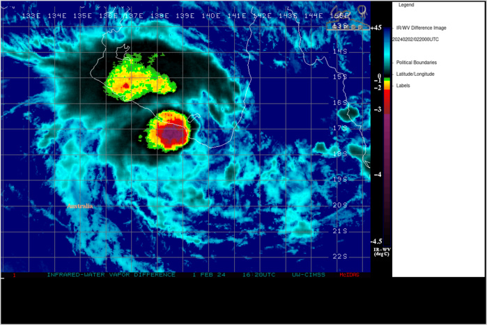 SATELLITE ANALYSIS, INITIAL POSITION AND INTENSITY DISCUSSION: TROPICAL CYCLONE (TC) 07P HAS CONTINUED TO CONSOLIDATE OVER THE PAST  SIX HOURS, WITH THE UPPER-LEVEL CIRCULATION CENTER NOW VERTICALLY  ALIGNED WITH THE LOW-LEVEL CIRCULATION CENTER (LLCC). ANIMATED  MULTISPECTRAL SATELLITE IMAGERY (MSI) DEPICTS A WELL-ORGANIZED  TROPICAL CYCLONE WITH A CENTRAL DENSE OVERCAST FEATURE OBSCURING THE  LLCC WITH CONVECTIVE BANDING WRAPPING INTO THE CENTER. ANIMATED RADAR  IMAGERY REVEALS TIGHTLY-CURVED BANDING WRAPPING INTO A WELL-DEFINED  LLCC, WHICH SUPPORTS THE INITIAL POSITION WITH HIGH CONFIDENCE.  SURFACE OBSERVATIONS FROM MORNINGTON ISLAND RANGE FROM 31-35 KNOTS  SUSTAINED (10-MINUTE AVERAGE) WITH GUSTS 43-46 KNOTS. WHEN ADJUSTED TO  A 1-MINUTE AVERAGE, THESE SUSTAINED WINDS RANGE FROM ABOUT 33-37  KNOTS. BASED ON THE SURFACE OBSERVATIONS, SLP VALUES AND THE OVERALL  CONVECTIVE STRUCTURE, THE INITIAL INTENSITY IS ASSESSED AT 45 KNOTS  WITH MEDIUM CONFIDENCE.