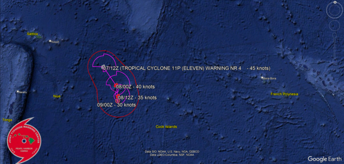FORECAST REASONING.  SIGNIFICANT FORECAST CHANGES: THERE ARE NO SIGNIFICANT CHANGES TO THE FORECAST FROM THE PREVIOUS WARNING.  FORECAST DISCUSSION: TC 11P WILL CONTINUE SOUTHEASTWARD UNDER THE STEERING NER UP TO TAU 24. AFTERWARD, A SUBTROPICAL RIDGE (STR) TO THE SOUTH WILL BLOCK ITS FORWARD MOTION AND COMPETE FOR STEERING. THE MARGINALLY FAVORABLE ENVIRONMENT WILL BECOME UNFAVORABLE WITH INCREASING VWS AS THE SYSTEM DRIFTS INTO THE PREVAILING WESTERLIES, LEADING TO GRADUAL DECAY AND EVENTUAL DISSIPATION BY TAU 36.