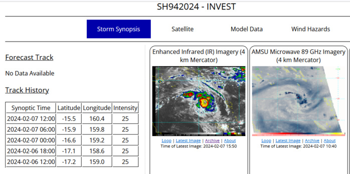 THE AREA OF CONVECTION (INVEST 94P) PREVIOUSLY LOCATED NEAR  18.0S 159.5E IS NOW LOCATED NEAR 16.6S 159.2E, APPROXIMATELY 519 NM  WEST OF PORT VILA, VANUATU. ANIMATED ENHANCED INFRARED SATELLITE  IMAGERY AND A 070341Z SSMIS 91 GHZ MICROWAVE IMAGE DEPICT A BROAD,  PARTIALLY EXPOSED LOW-LEVEL CIRCULATION CENTER (LLCC) WITH FRAGMENTED  BANDING IN THE SOUTHERN SEMICIRCLE. ENVIRONMENTAL ANALYSIS INDICATES  THAT 94P IS IN A FAVORABLE ENVIRONMENT FOR DEVELOPMENT WITH GOOD  OUTFLOW ALOFT, LOW (10-15 KTS) VERTICAL WIND SHEAR, AND WARM (29-30 C)  SEA SURFACE TEMPERATURES. GLOBAL MODELS ARE IN PARTIAL DISAGREEMENT ON  THE TRACK OF 94P. GFS HAS 94P TRACKING SOUTHEASTWARD OVER THE NEXT 48  HOURS BEFORE TURNING SOUTHWARD TOWARD NEW CALEDONIA, WHILE ECMWF HAS  IT TRACKING SLOWLY EASTWARD OVER THE NEXT 48 HOURS BEFORE TURNING  SOUTHEASTWARD, NORTH OF NEW CALEDONIA. MAXIMUM SUSTAINED SURFACE WINDS  ARE ESTIMATED AT 20 TO 25 KNOTS. MINIMUM SEA LEVEL PRESSURE IS  ESTIMATED TO BE NEAR 997 MB. THE POTENTIAL FOR THE DEVELOPMENT OF A  SIGNIFICANT TROPICAL CYCLONE WITHIN THE NEXT 24 HOURS REMAINS MEDIUM.