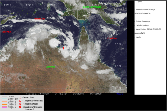 THE AREA OF CONVECTION (INVEST 93S) PREVIOUSLY LOCATED NEAR  15.5S 137.7W IS NOW LOCATED NEAR 15.6S 137.9W, APPROXIMATELY 94 NM  NORTHWEST OF MORNINGTON ISLAND. ANIMATED MULTISPECTRAL SATELLITE IMAGERY  AND A 142031Z SSMIS 37GHZ MICROWAVE PASS DEPICT FORMATIVE SHALLOW BANDS  OF CONVECTION WRAPPING INTO A CONSOLIDATING LOW LEVEL CIRCULATION CENTER.  ENVIRONMENTAL ANALYSIS REVEALS THAT 93S IS IN A MARGINALLY FAVORABLE  ENVIRONMENT FOR DEVELOPMENT, WITH VERY WARM (30-31C) SEA SURFACE  TEMPERATURES, MODERATE DUAL-CHANNEL OUTFLOW, AND LOW TO MARGINAL VERTICAL  WIND SHEAR (15-20 KTS). GLOBAL MODELS ARE IN GOOD AGREEMENT THAT 93S WILL  GENERALLY TRACK TO THE SOUTHWEST OF THE GULF OF CARPENTARIA THEN  INTERACTING WITH LAND. MAXIMUM SUSTAINED SURFACE WINDS ARE ESTIMATED AT  25 TO 30 KNOTS. MINIMUM SEA LEVEL PRESSURE IS ESTIMATED TO BE NEAR 1000  MB. THE POTENTIAL FOR THE DEVELOPMENT OF A SIGNIFICANT TROPICAL CYCLONE  WITHIN THE NEXT 24 HOURS IS MEDIUM.