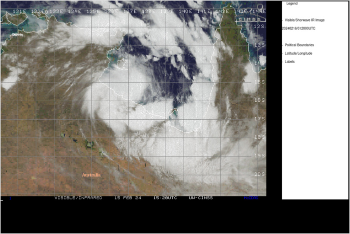 SATELLITE ANALYSIS, INITIAL POSITION AND INTENSITY DISCUSSION: ANIMATED MULTISPECTRAL SATELLITE IMAGERY (MSI) DEPICTS A COMPACT BUT PARTIALLY EXPOSED LOW-LEVEL CIRCULATION WITH CORE CONVECTION CONFINED TO THE WESTERN SIDE. NORTHERLY OR NORTHEASTERLY SHEAR IS EVIDENT IN SATELLITE IMAGERY WITH UPPER-LEVEL CIRRUS CLOUDS STREAMING INTO THE LLC LOCATION FROM THE NORTHEAST. THE STORM HAS BEEN QUASISTATIONARY OVER THE PAST SIX HOURS. THE INITIAL INTENSITY IS HELD AT 35 KT BASED ON AGENCY DVORAK ESTIMATES OF T2.5 (35 KT) AND LITTLE CHANGE IN OBSERVED SURFACE WINDS AT CENTRE ISLAND NEAR THE DEEP CONVECTION ON THE WESTERN SIDE OF THE LLC, RANGING FROM 30 TO 33 KT (10-MINUTE AVERAGED) IN RECENT HOURS.