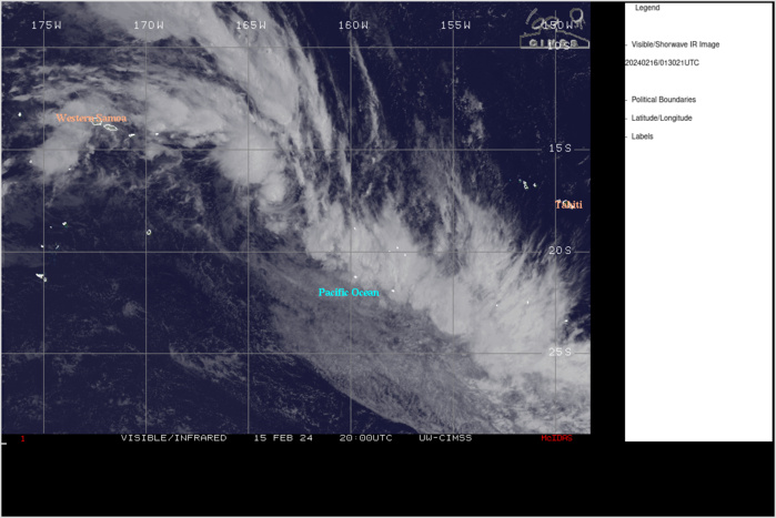 SATELLITE ANALYSIS, INITIAL POSITION AND INTENSITY DISCUSSION: ANIMATED MULTISPECTRAL SATELLITE IMAGERY (MSI) DEPICTS A WELL-DEFINED LOW-LEVEL CIRCULATION CENTER (LLCC) THAT IS APPROACHING A MID-LATITUDE FRONTAL ZONE ON THE NORTHEASTERN FLANK OF AN UPPER-LEVEL TROUGH. A 1929Z GMI MICROWAVE PASS AND A 2356Z ATMS MICROWAVE PASS SHOW THAT TIGHT CONVECTIVE BANDING EXISTS NEAR THE LLCC BUT IS ONLY WRAPPING AROUND THE NORTHERN AND EASTERN SIDES, LIKELY DUE TO MODERATE SOUTHWESTERLY SHEAR. THE INITIAL INTENSITY IS SET AT 40 KTS BASED ON A BLEND OF AGENCY DVORAK ESTIMATES AND OBJECTIVE SATELLITE INTENSITY ESTIMATES FROM CIMSS. STRONG POLEWARD OUTFLOW IS EVIDENT IN SATELLITE IMAGERY TOWARDS THE JET STREAK TO THE SOUTHEAST OF THE CYCLONE. AITUTAKI ISLAND ABOUT 210 NM TO THE EAST-SOUTHEAST HAS BEEN OBSERVING SUSTAINED NORTHEASTERLY WINDS OF 21-22 KT DURING THE PAST FEW HOURS. SATELLITE ANALYSIS, INITIAL POSITION AND INTENSITY DISCUSSION: ANIMATED MULTISPECTRAL SATELLITE IMAGERY (MSI) DEPICTS A WELL-DEFINED LOW-LEVEL CIRCULATION CENTER (LLCC) THAT IS APPROACHING A MID-LATITUDE FRONTAL ZONE ON THE NORTHEASTERN FLANK OF AN UPPER-LEVEL TROUGH. A 1929Z GMI MICROWAVE PASS AND A 2356Z ATMS MICROWAVE PASS SHOW THAT TIGHT CONVECTIVE BANDING EXISTS NEAR THE LLCC BUT IS ONLY WRAPPING AROUND THE NORTHERN AND EASTERN SIDES, LIKELY DUE TO MODERATE SOUTHWESTERLY SHEAR. THE INITIAL INTENSITY IS SET AT 40 KTS BASED ON A BLEND OF AGENCY DVORAK ESTIMATES AND OBJECTIVE SATELLITE INTENSITY ESTIMATES FROM CIMSS. STRONG POLEWARD OUTFLOW IS EVIDENT IN SATELLITE IMAGERY TOWARDS THE JET STREAK TO THE SOUTHEAST OF THE CYCLONE. AITUTAKI ISLAND ABOUT 210 NM TO THE EAST-SOUTHEAST HAS BEEN OBSERVING SUSTAINED NORTHEASTERLY WINDS OF 21-22 KT DURING THE PAST FEW HOURS.